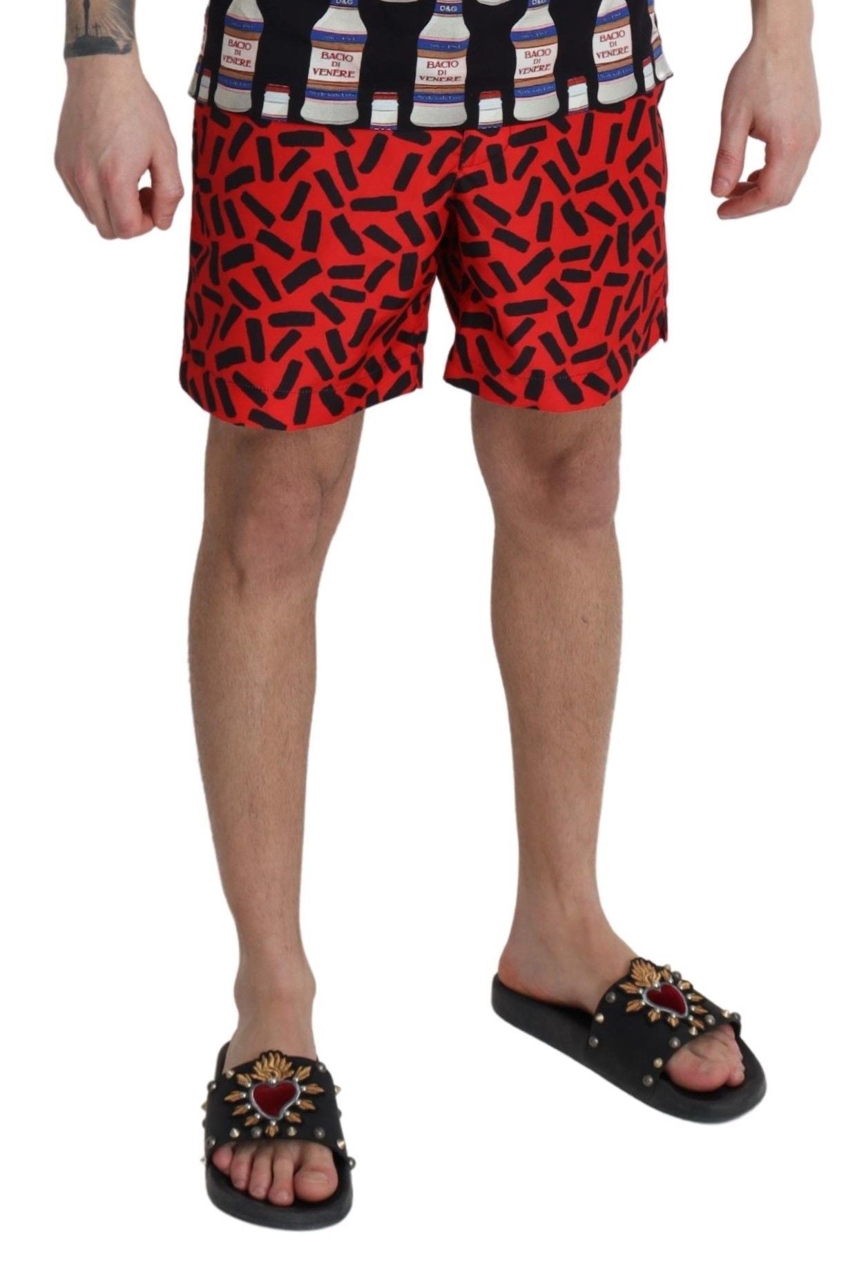 Dolce &amp; Gabbana Rot gemusterte Beachwear Shorts Bademode