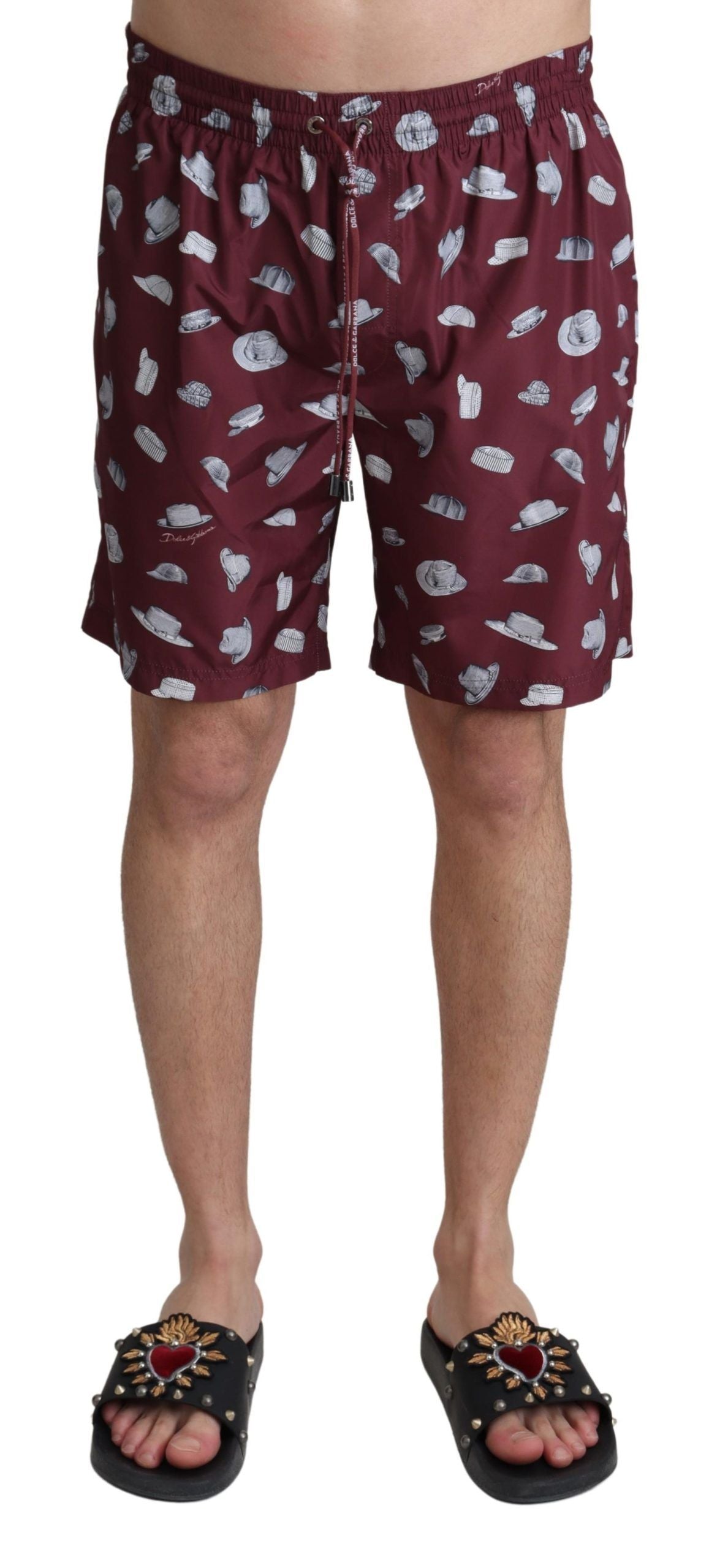 Dolce &amp; Gabbana Maroon Hats Print Beachwear Shorts Bademode