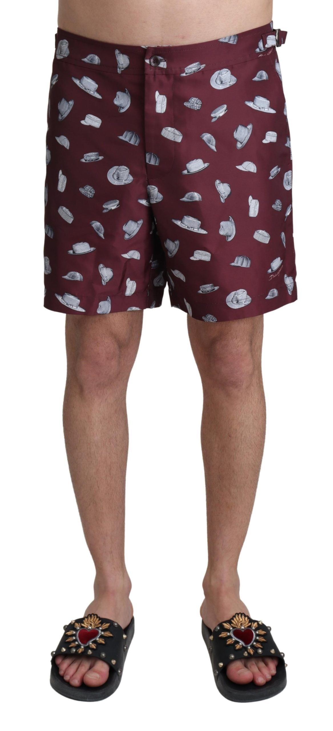 Dolce &amp; Gabbana Maroon Hats Print Beachwear Shorts Bademode