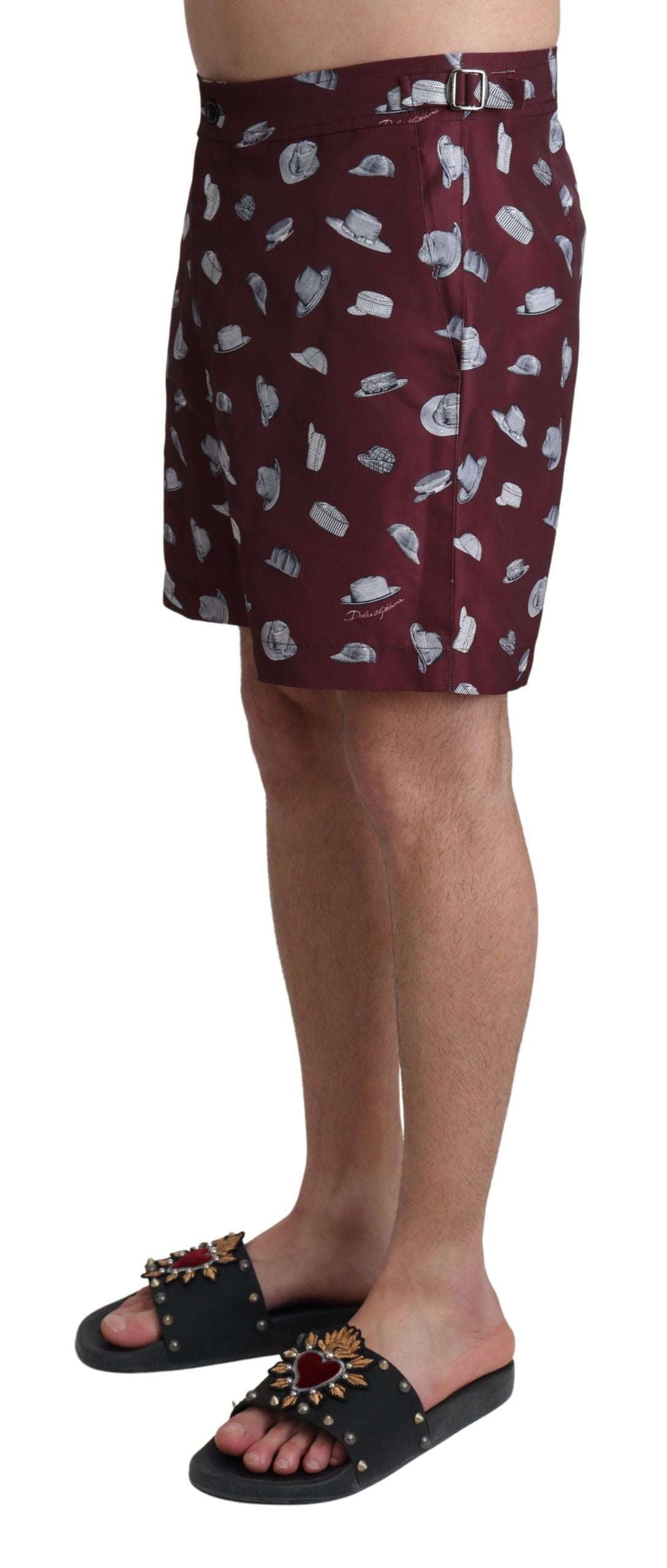 Dolce &amp; Gabbana Maroon Hats Print Beachwear Shorts Bademode