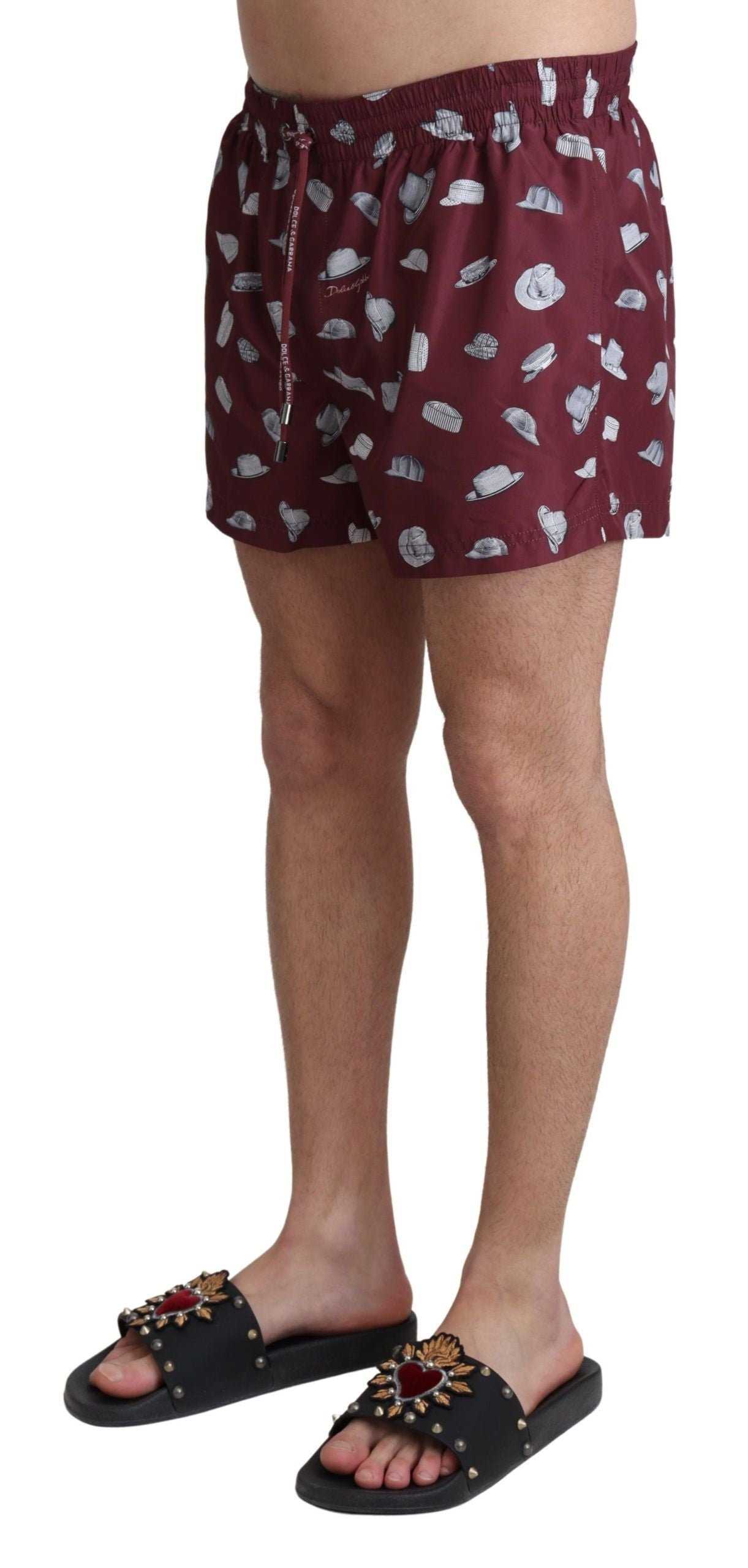 Dolce &amp; Gabbana Maroon Hats Print Beachwear Shorts Bademode