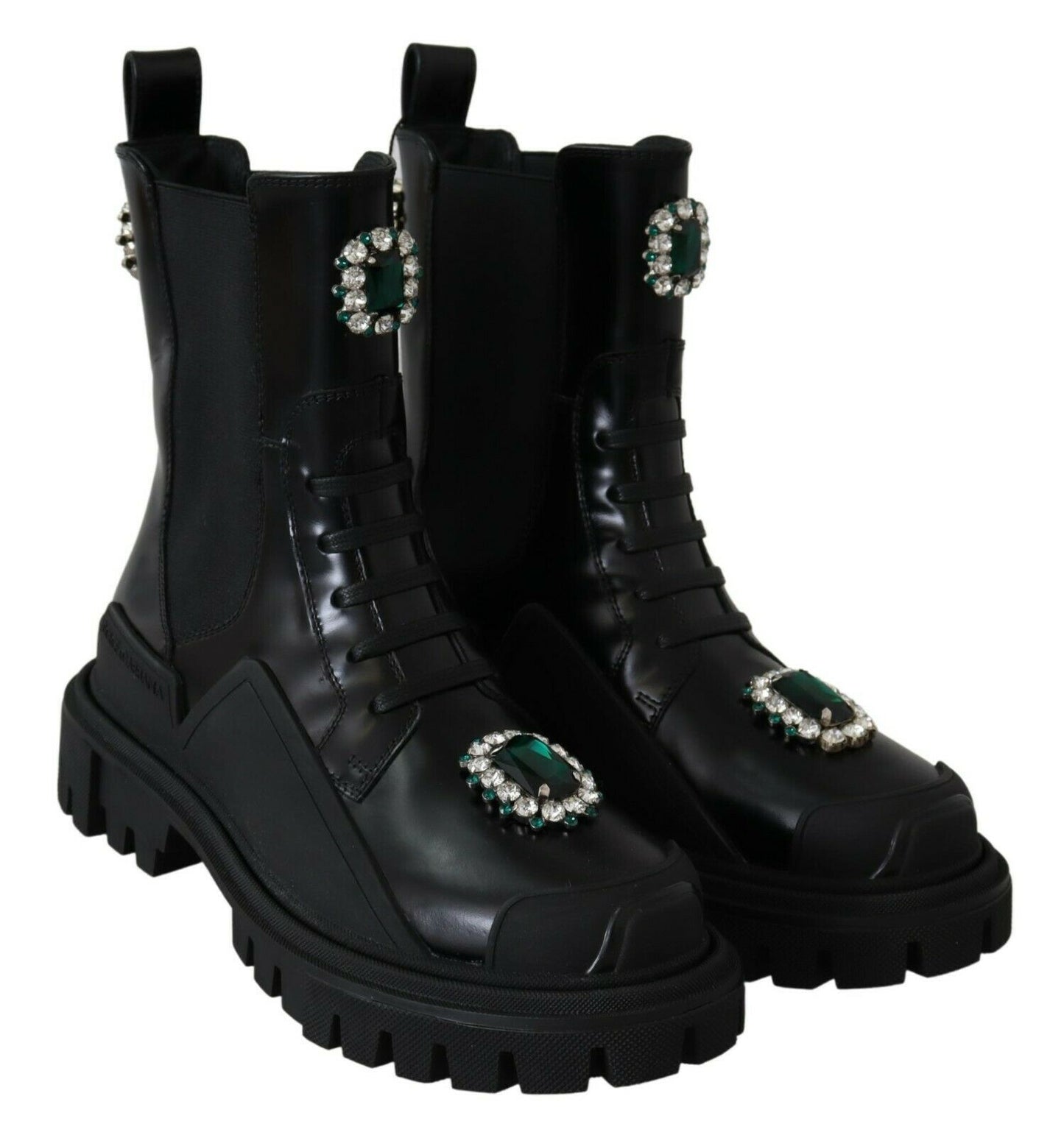 Dolce &amp; Gabbana Schwarze Leder-Kristall-Kampfstiefel