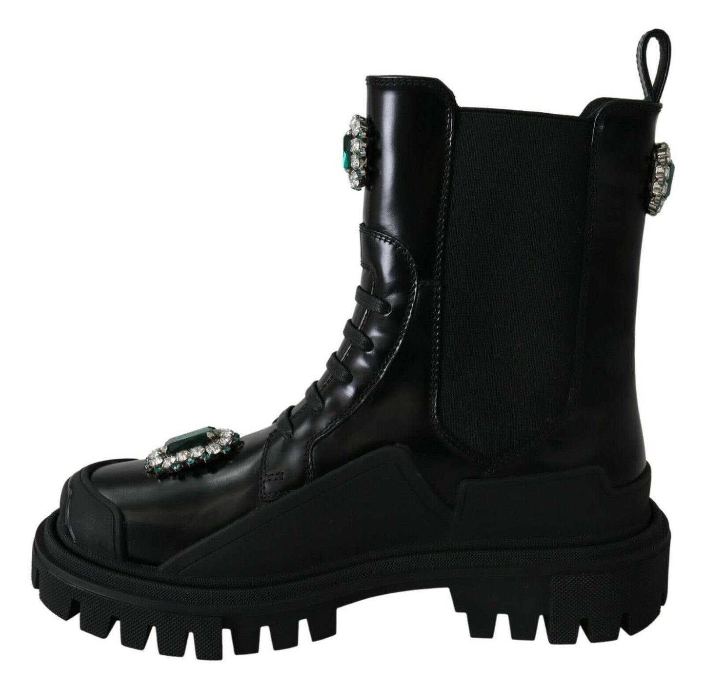 Dolce & Gabbana Elegant Black Leather Combat Boots with Crystal Detail