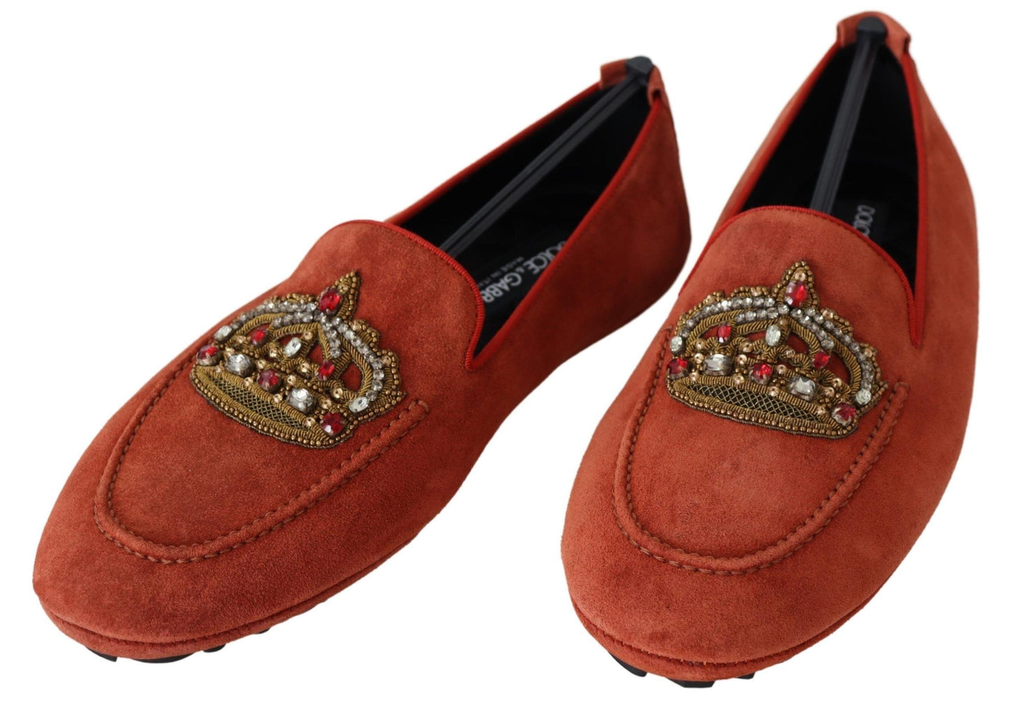 Dolce &amp; Gabbana Chaussures Mocassins En Cuir Orange Avec Couronne En Cristal