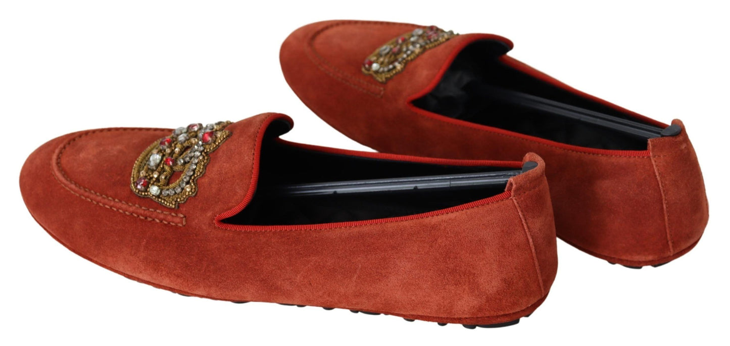 Dolce &amp; Gabbana Chaussures Mocassins En Cuir Orange Avec Couronne En Cristal