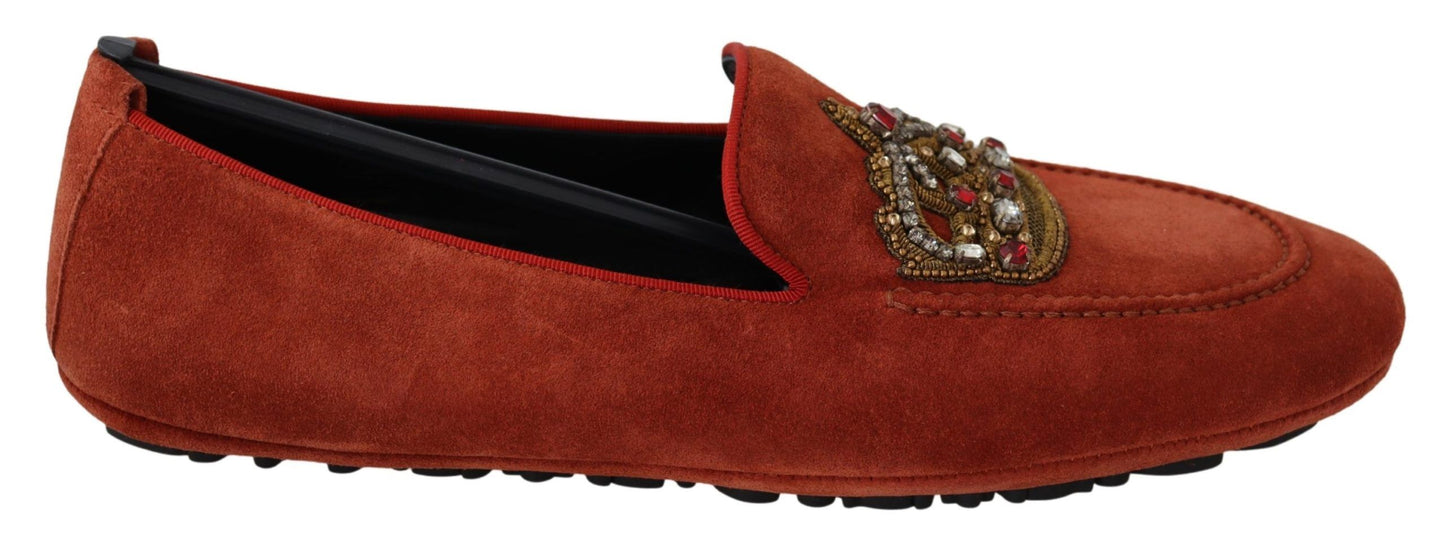 Dolce &amp; Gabbana Chaussures Mocassins En Cuir Orange Avec Couronne En Cristal