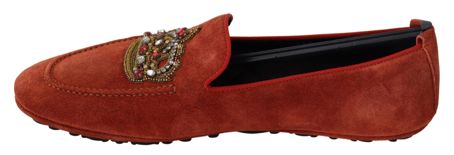 Dolce &amp; Gabbana Chaussures Mocassins En Cuir Orange Avec Couronne En Cristal