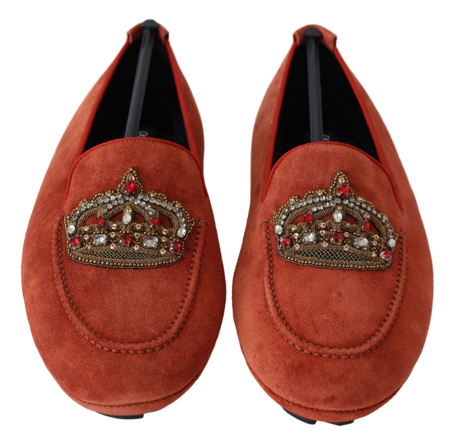 Dolce &amp; Gabbana Loafer-Schuhe aus orangefarbenem Leder mit Kristallkrone