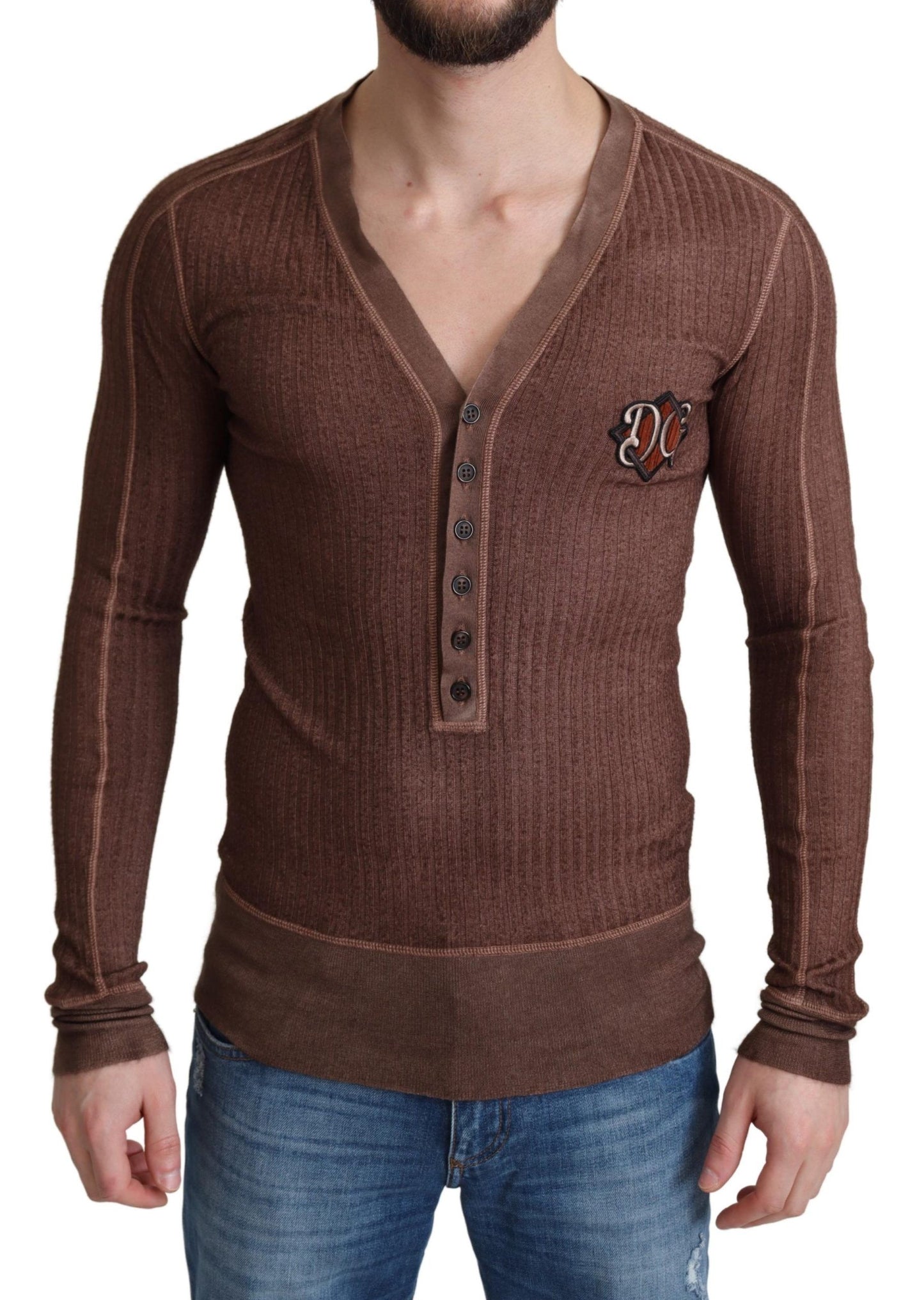 Dolce &amp; Gabbana Brown Logo Button Cardigan V-Ausschnitt Pullover