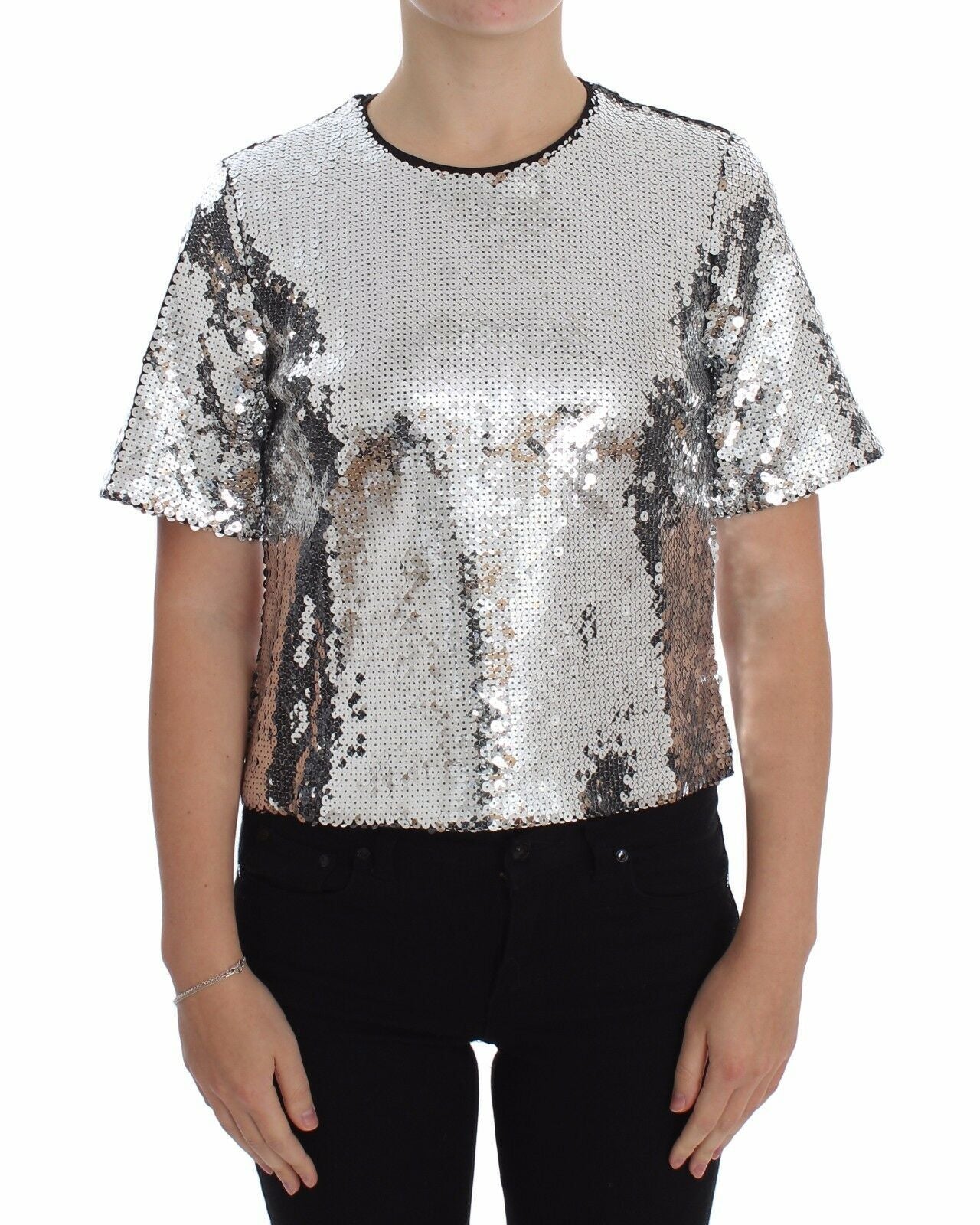 Dolce &amp; Gabbana Haut t-shirt chemisier à col rond et sequins argenté