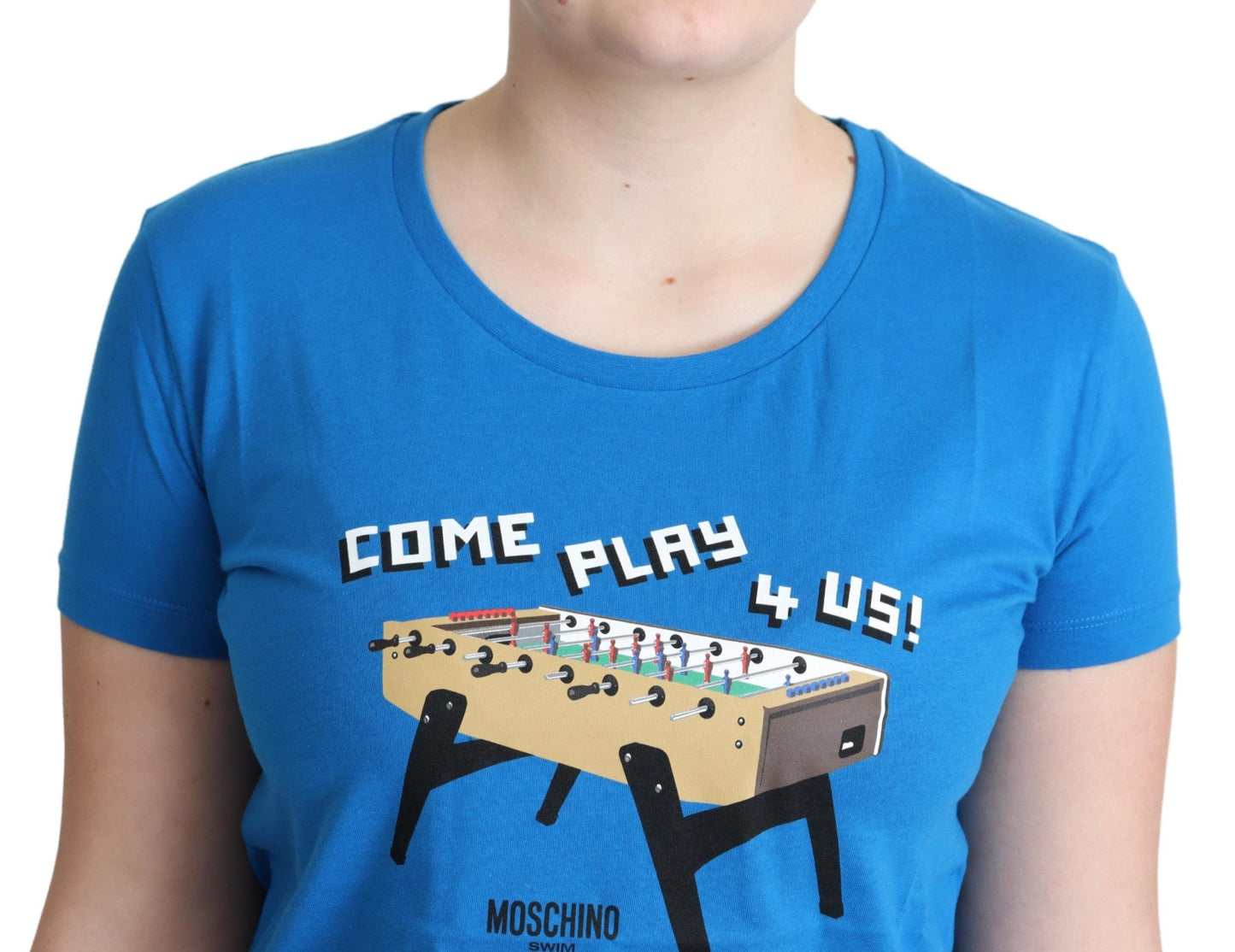 Blaues T-Shirt mit „Come Play 4 Us“-Aufdruck aus Baumwolle von Moschino