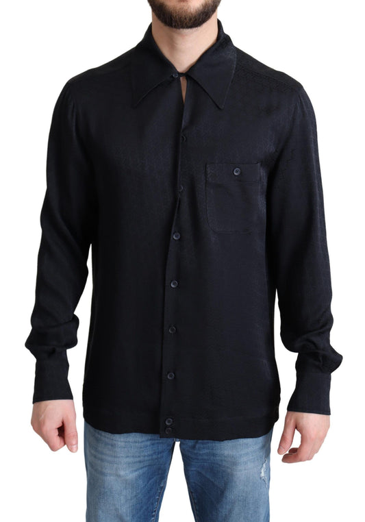 Dolce &amp; Gabbana Schwarzes, lässiges Button-Down-Hemd aus Jacquard-Seide