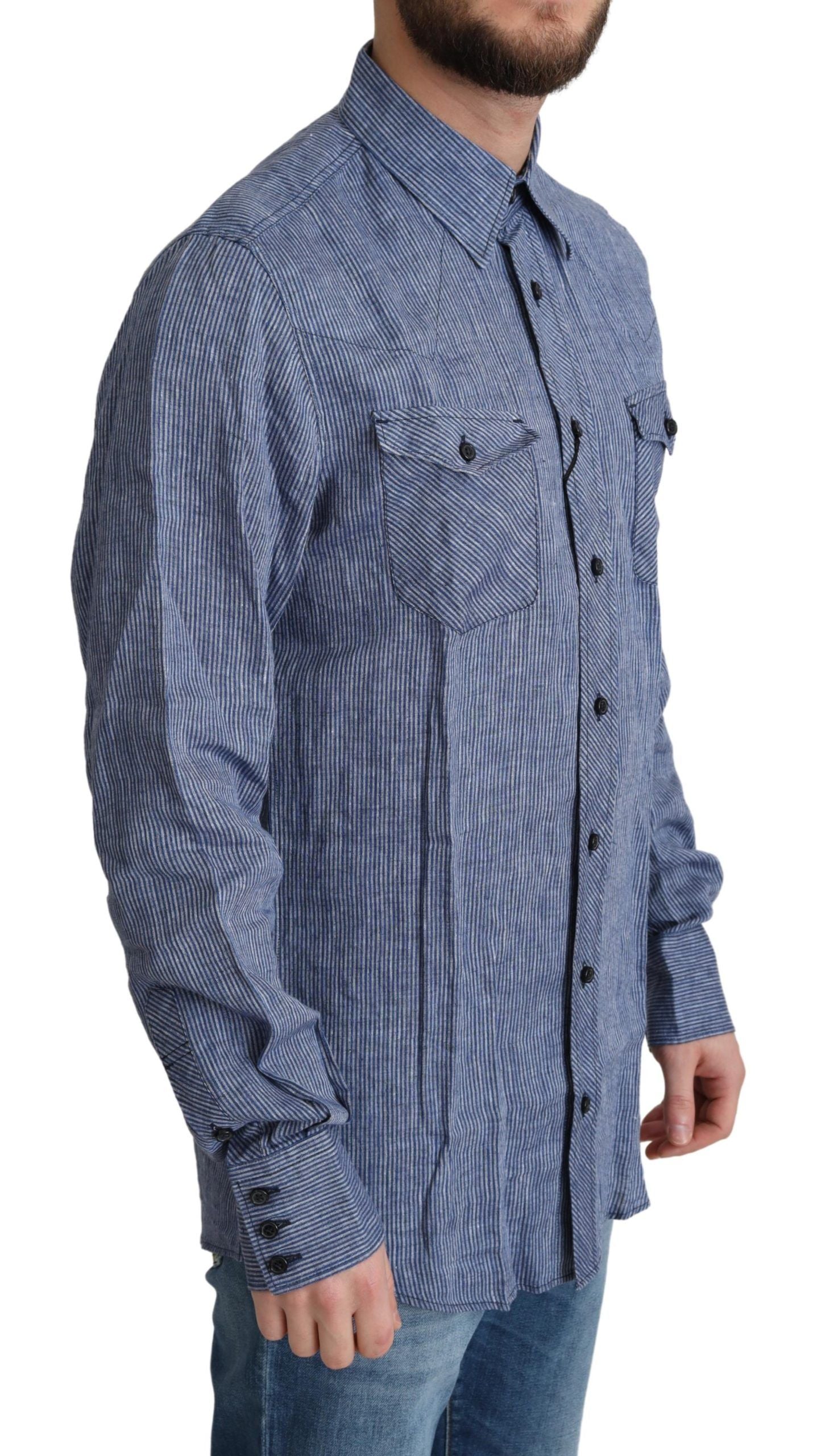 Dolce &amp; Gabbana Blau gestreiftes Herren-Freizeit-Button-Down-Hemd