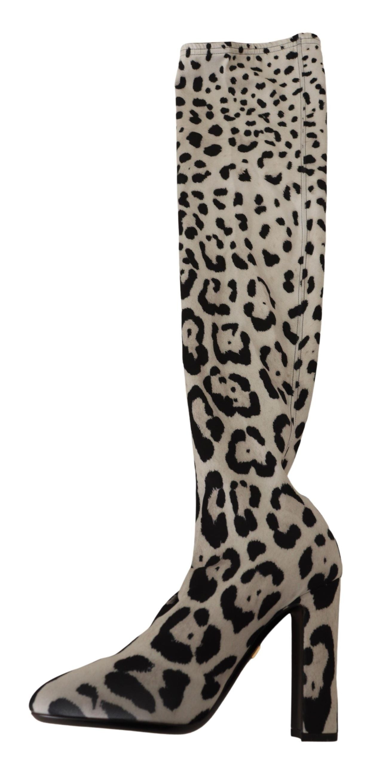 Dolce &amp; Gabbana – Weiße, schwarze, lange Stretch-Stiefel mit Leopardenmuster