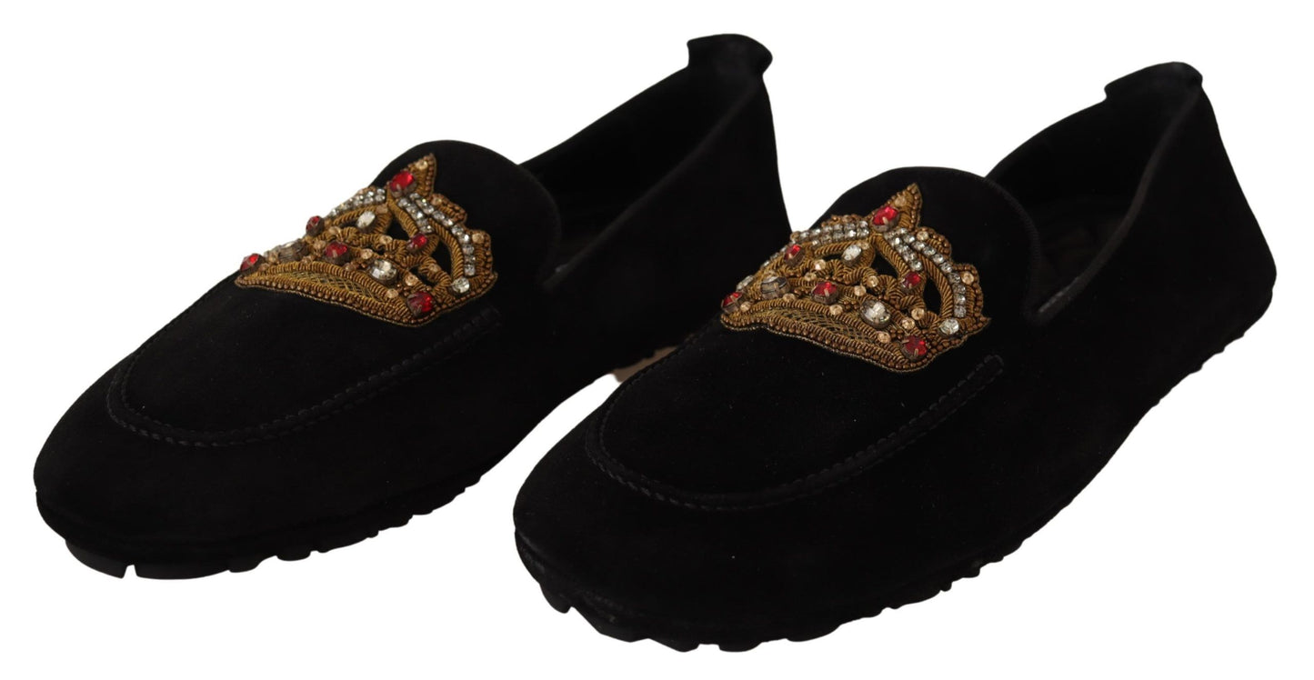 Dolce &amp; Gabbana Loafer-Schuhe aus schwarzem Leder mit Kristallgoldkrone