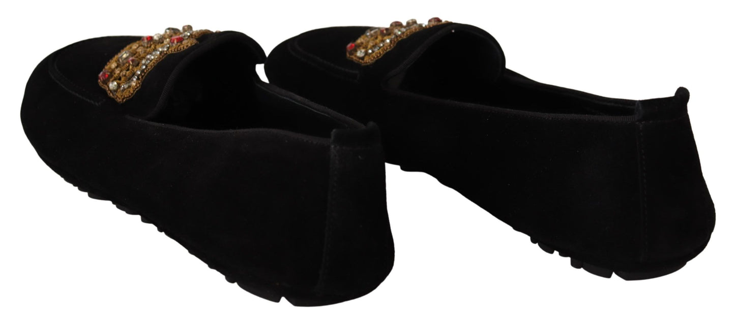 Dolce &amp; Gabbana Loafer-Schuhe aus schwarzem Leder mit Kristallgoldkrone