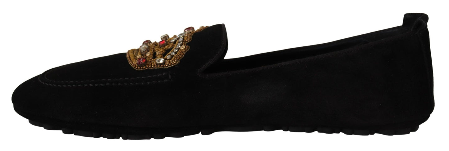 Dolce &amp; Gabbana Mocassins en cuir noir avec couronne dorée en cristal