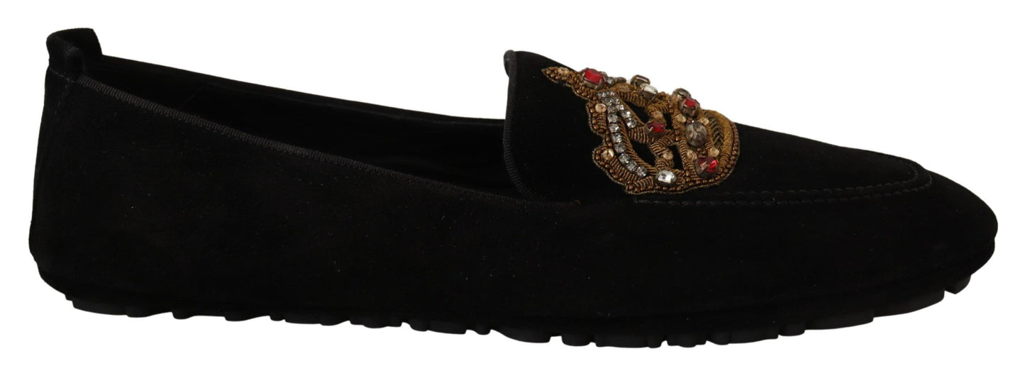 Dolce &amp; Gabbana Mocassins en cuir noir avec couronne dorée en cristal