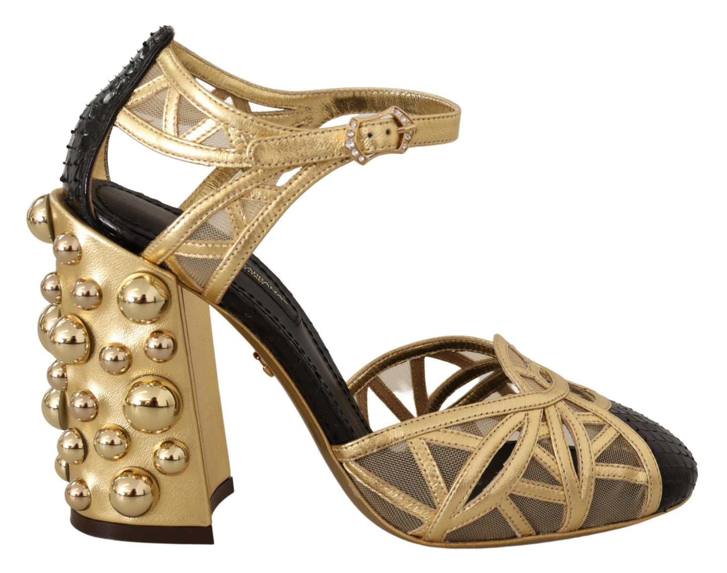 Dolce &amp; Gabbana Schwarzgoldene Leder-Schuhe mit Nieten und Knöchelriemen