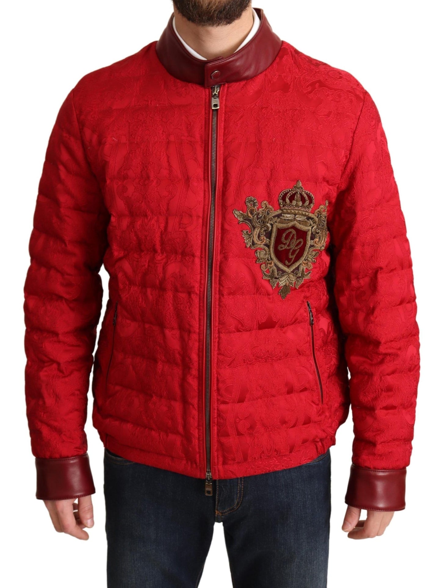 Dolce &amp; Gabbana Bomber en brocart rouge avec logo couronne dorée