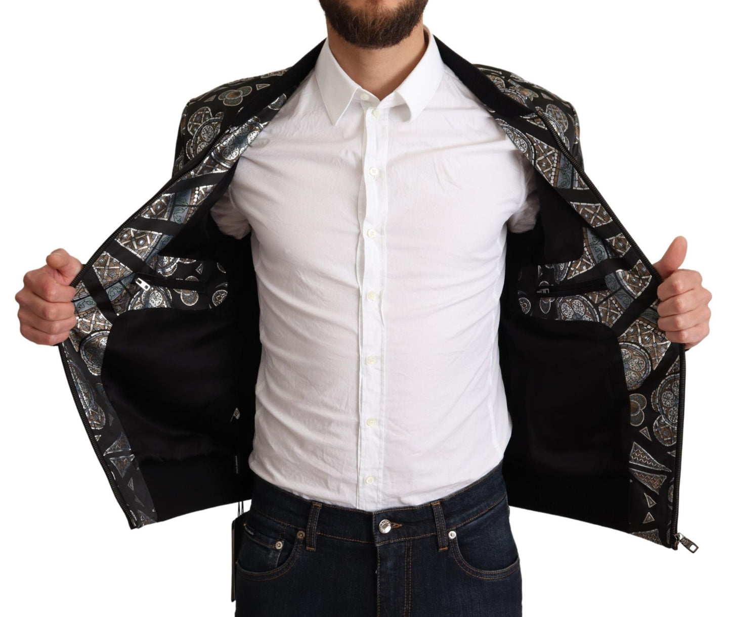 Dolce &amp; Gabbana Bleu Jacquard Motif Bomber Manteau Veste Homme