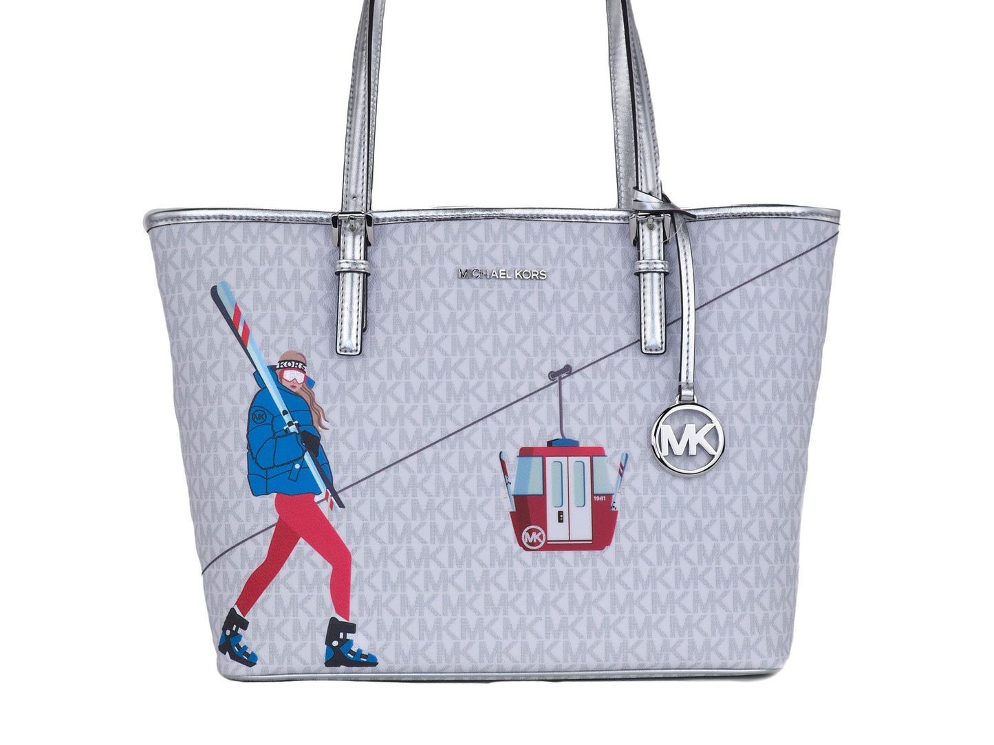 Michael Kors Jet Set Girls Print Medium Signature PVC Carryall Schultertasche (Helles Weiß Multi)