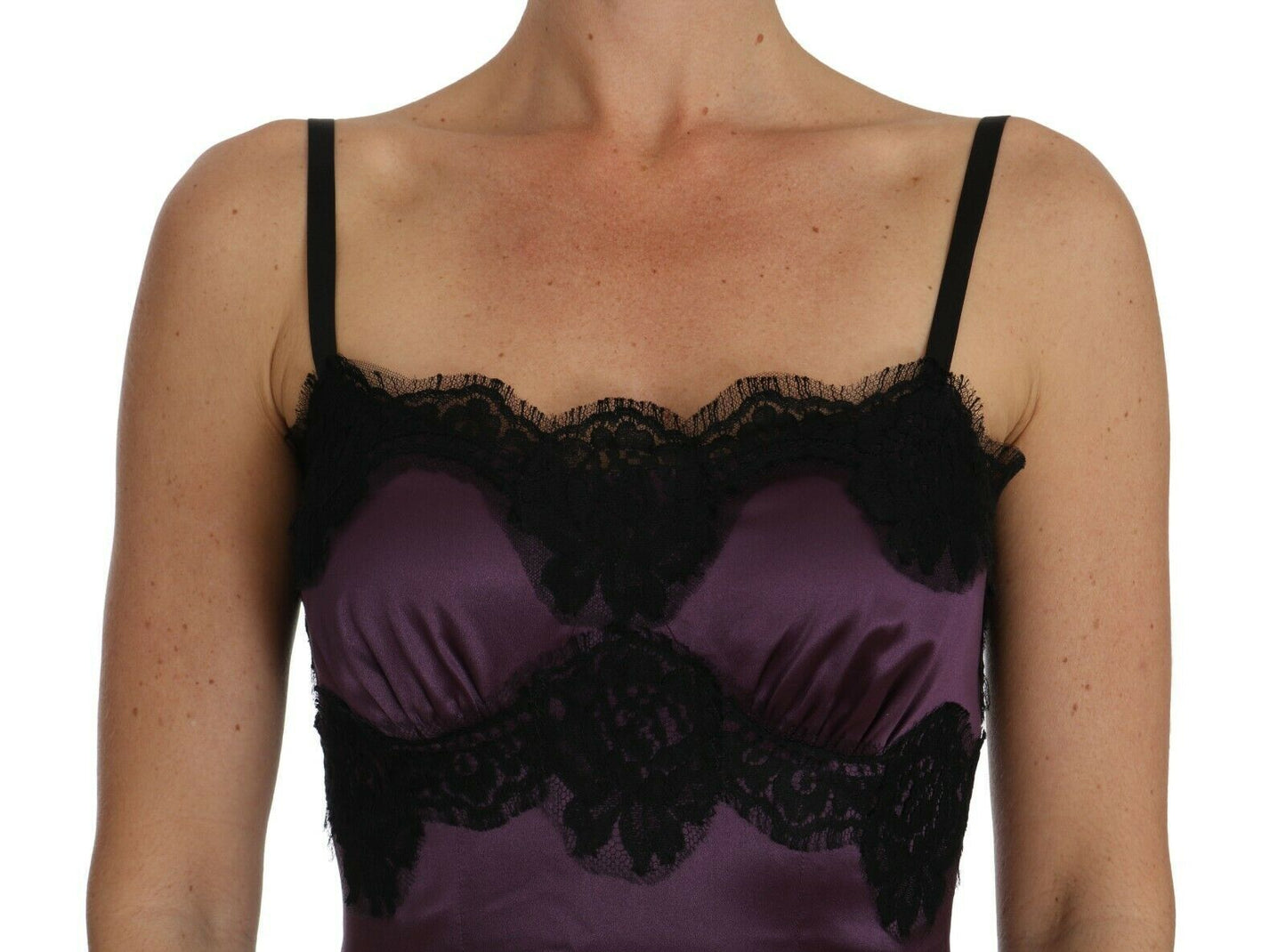 Dolce &amp; Gabbana Robe trapèze en dentelle noire extensible en soie violette