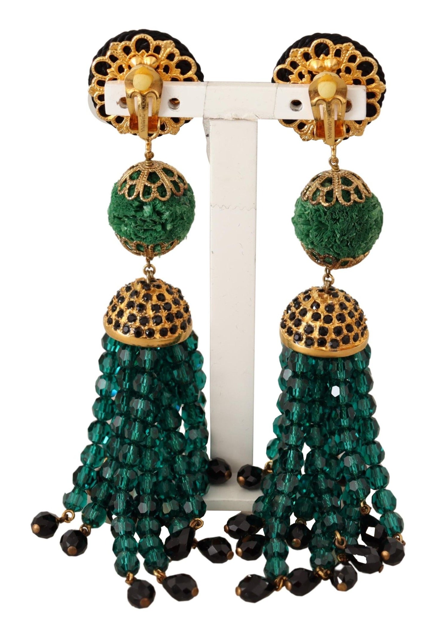 Dolce &amp; Gabbana Boucles d'oreilles pendantes à clip avec cristaux verts dorés