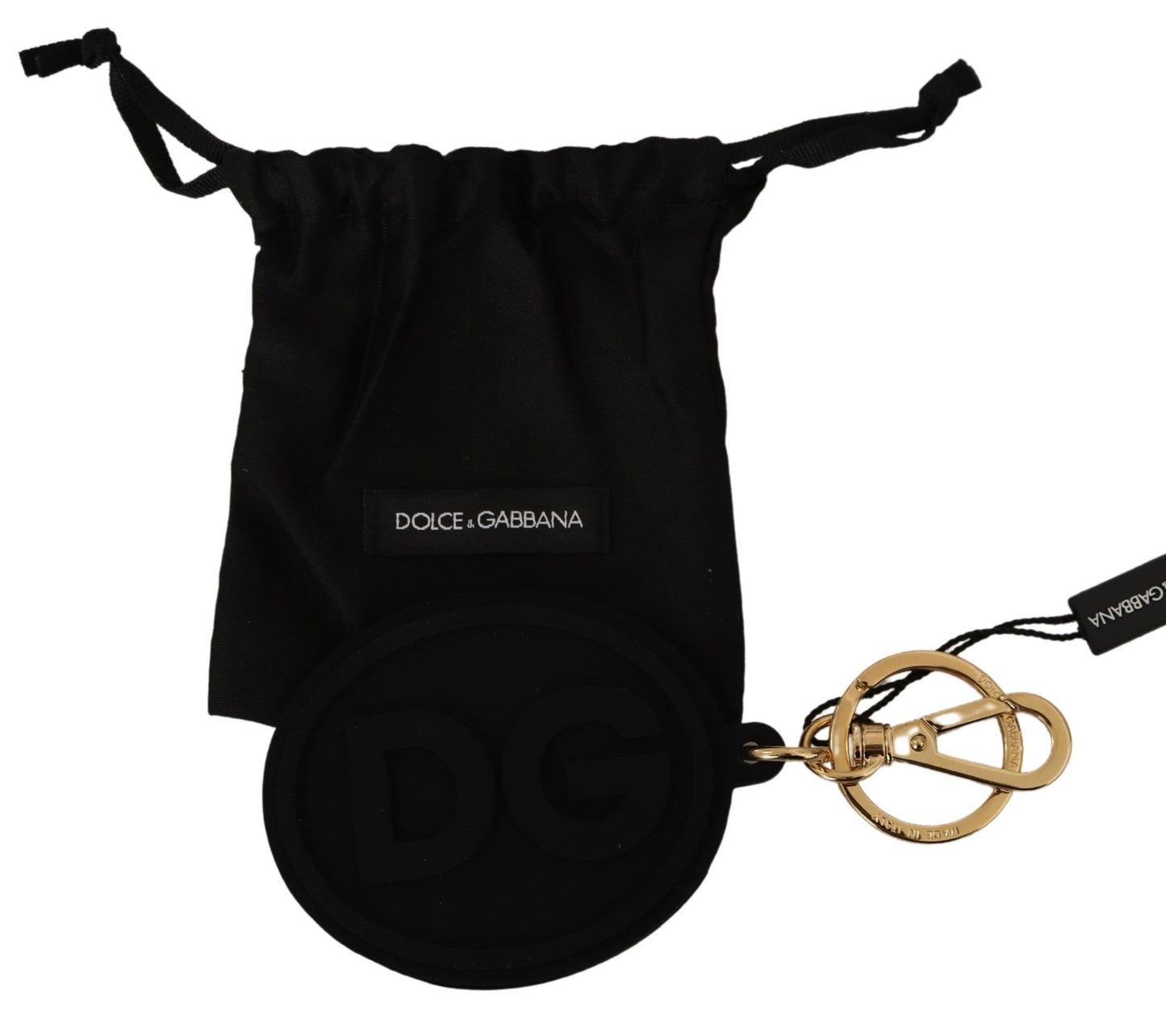 Dolce &amp; Gabbana Schlüsselanhänger aus schwarzem Gummi mit DG-Logo und goldfarbenem Messing