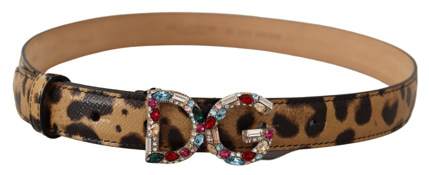 Dolce &amp; Gabbana Ceinture à boucle en cuir léopard marron avec cristaux DG