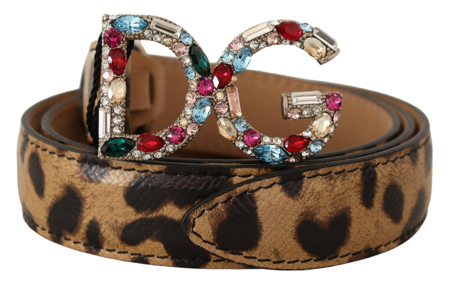 Dolce &amp; Gabbana Brauner Gürtel mit Schnalle aus Leopardenleder und DG-Kristallen