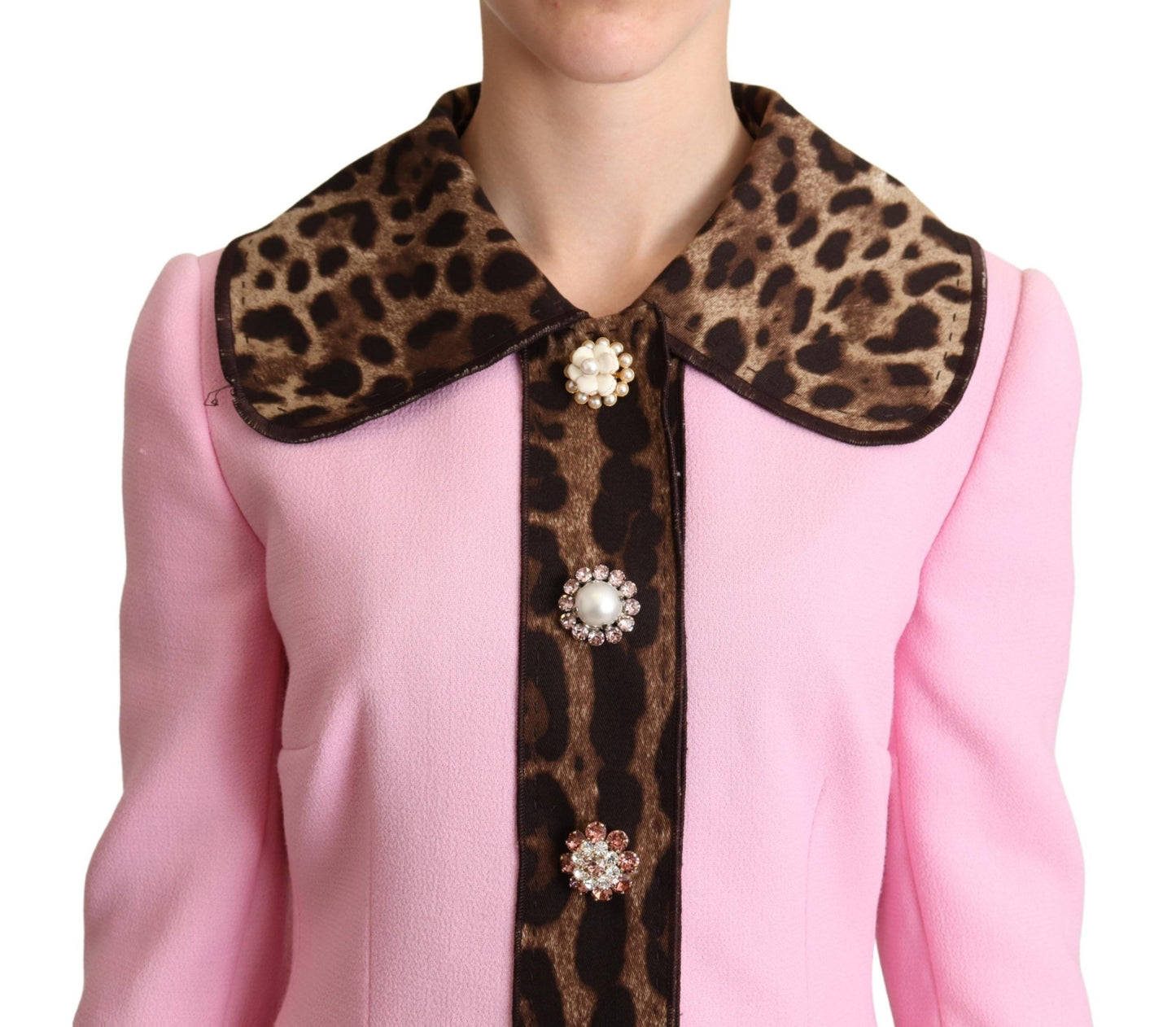 Dolce & Gabbana Chic Pink Leopard Trench with Crystal Buttons