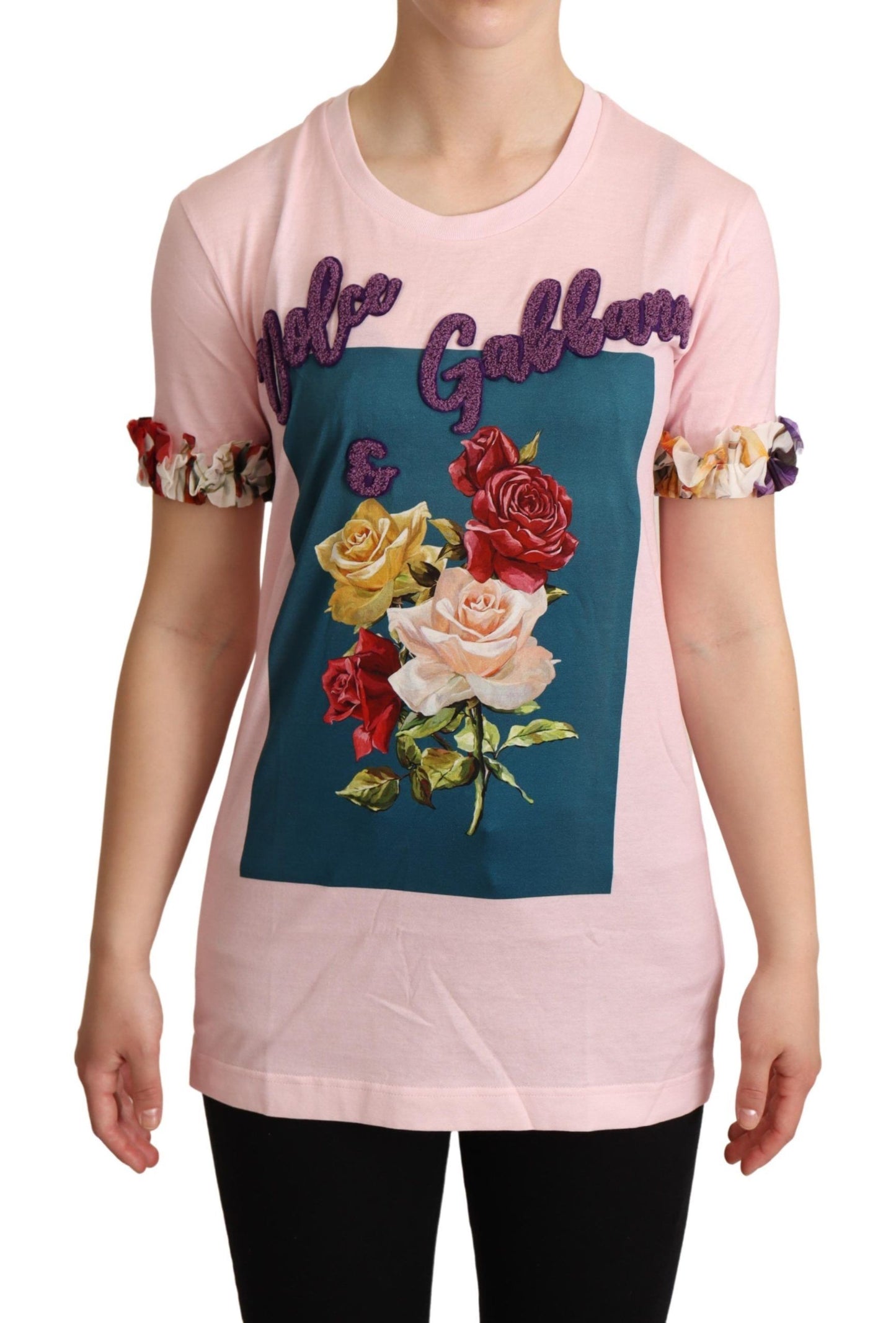 Dolce &amp; Gabbana Rosa Baumwoll-T-Shirt mit Blumen- und Rosen-Rundhalsausschnitt