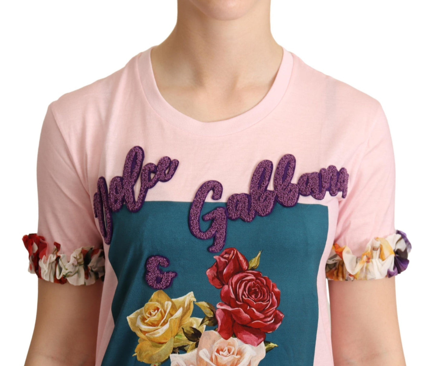 Dolce &amp; Gabbana Rosa Baumwoll-T-Shirt mit Blumen- und Rosen-Rundhalsausschnitt