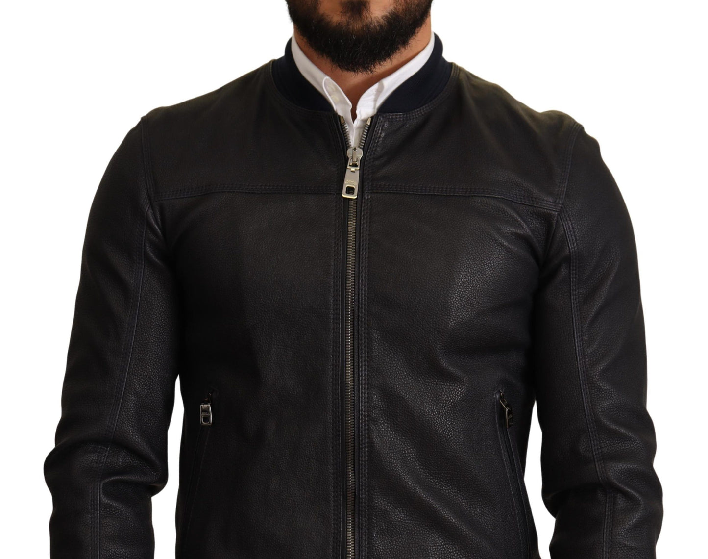 Dolce &amp; Gabbana Veste Bomber En Cuir Bleu À Fermeture Éclair Complète Pour Homme