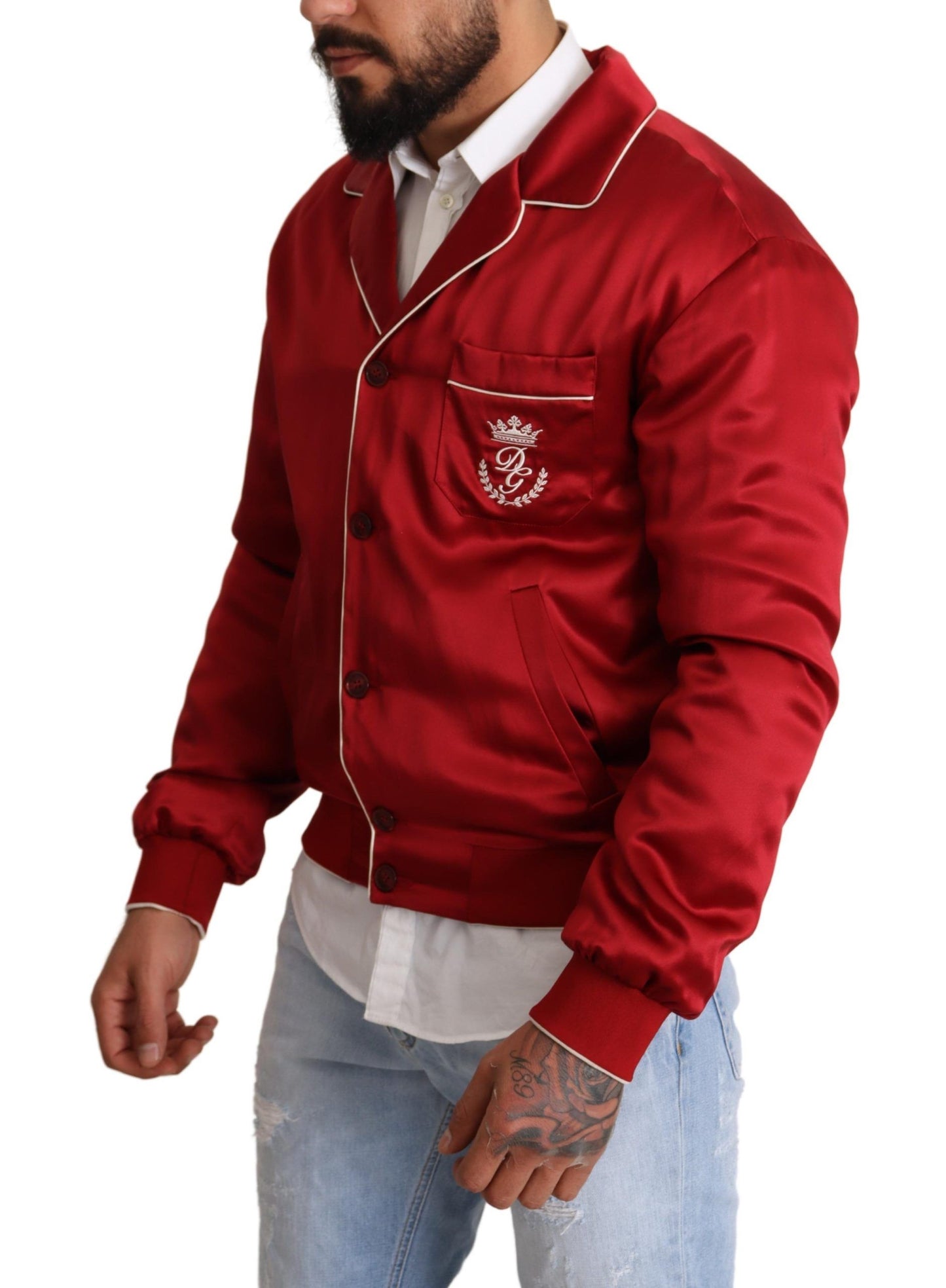 Dolce &amp; Gabbana Blouson aviateur boutonné en soie rouge avec logo DG