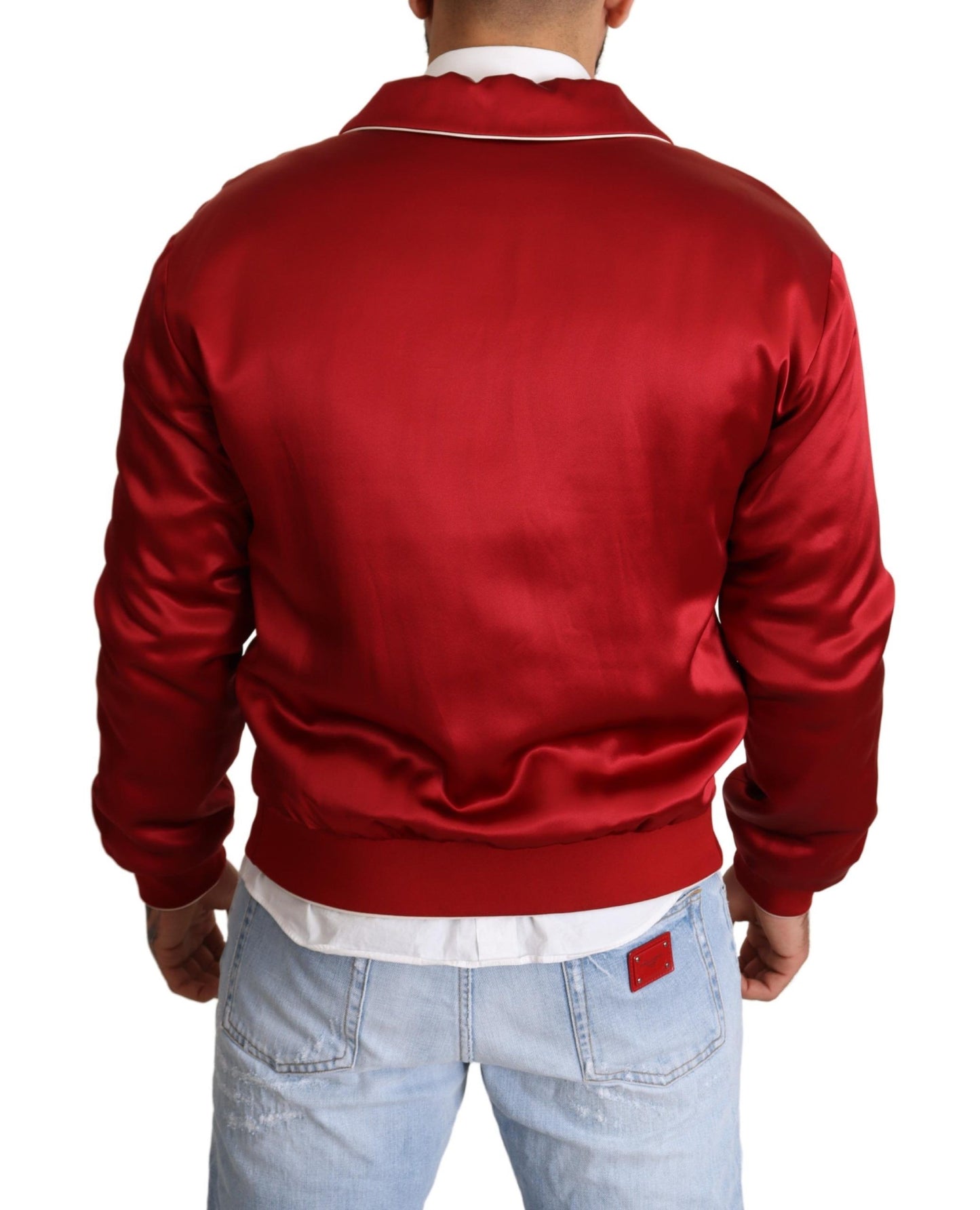 Dolce &amp; Gabbana Blouson aviateur boutonné en soie rouge avec logo DG