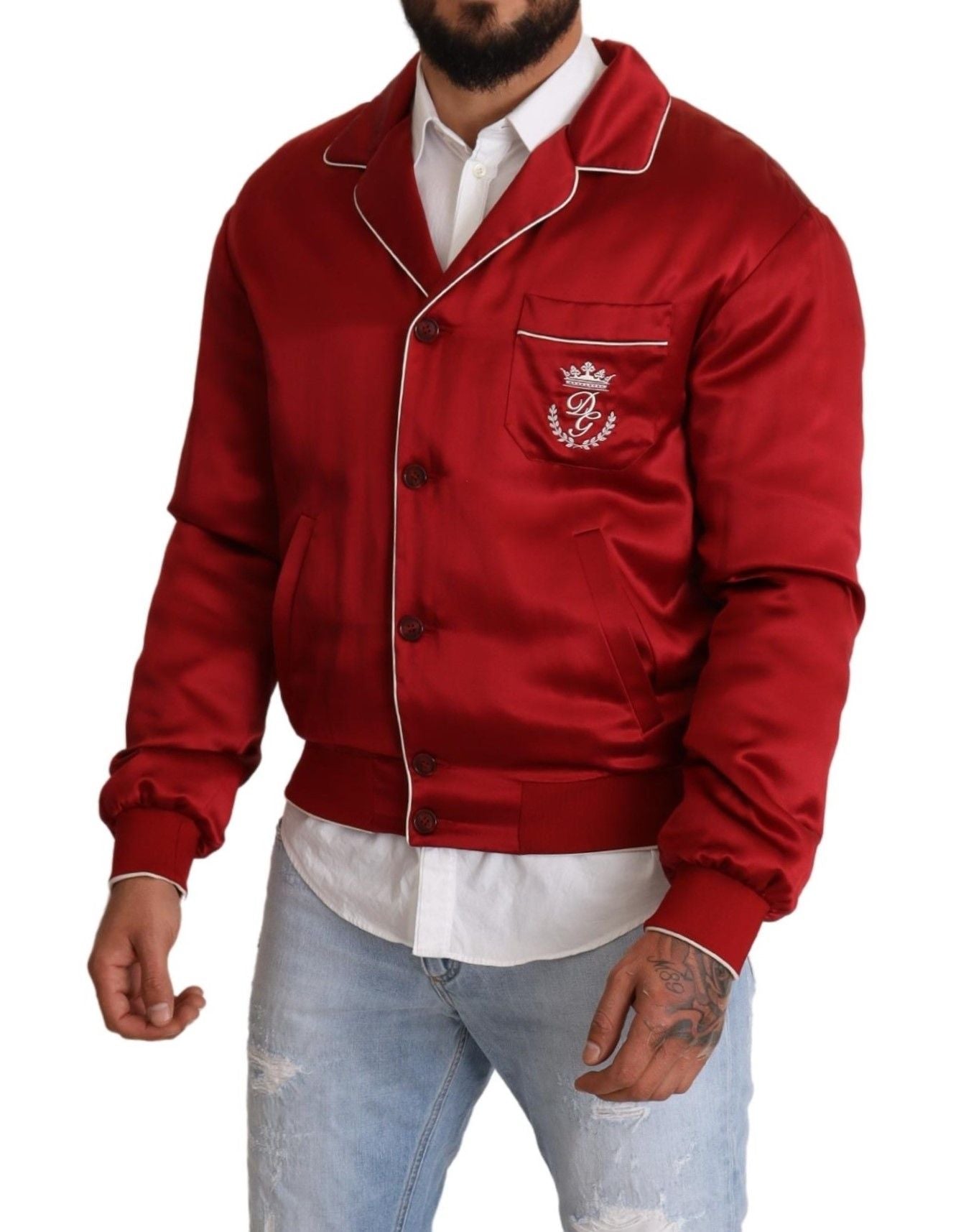 Dolce &amp; Gabbana Blouson aviateur boutonné en soie rouge avec logo DG