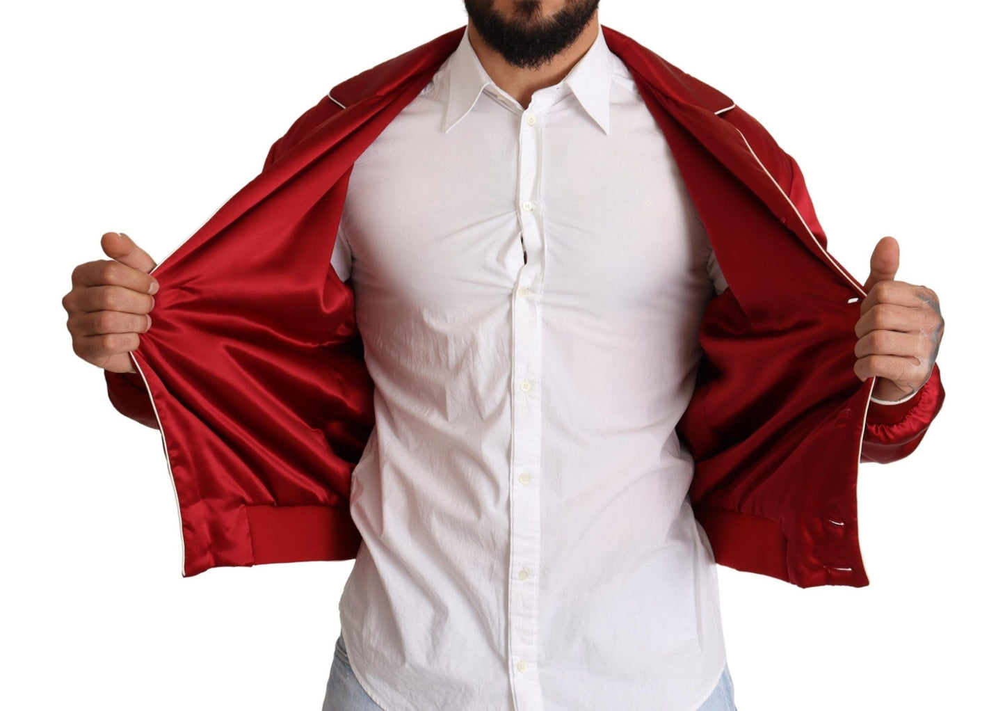 Dolce &amp; Gabbana Blouson aviateur boutonné en soie rouge avec logo DG