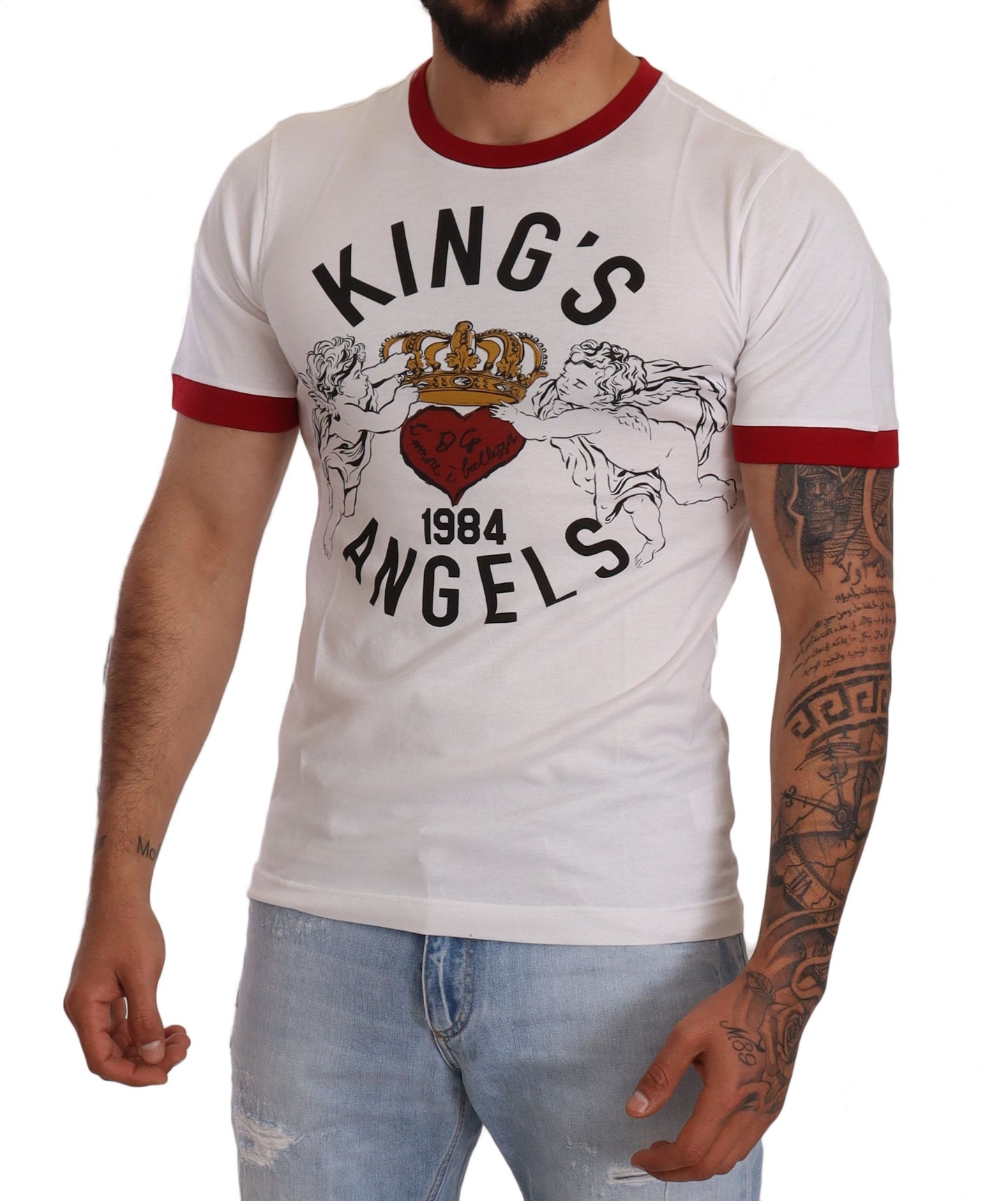 Weißes Baumwoll-T-Shirt mit „Kings Angels“-Print von Dolce &amp; Gabbana