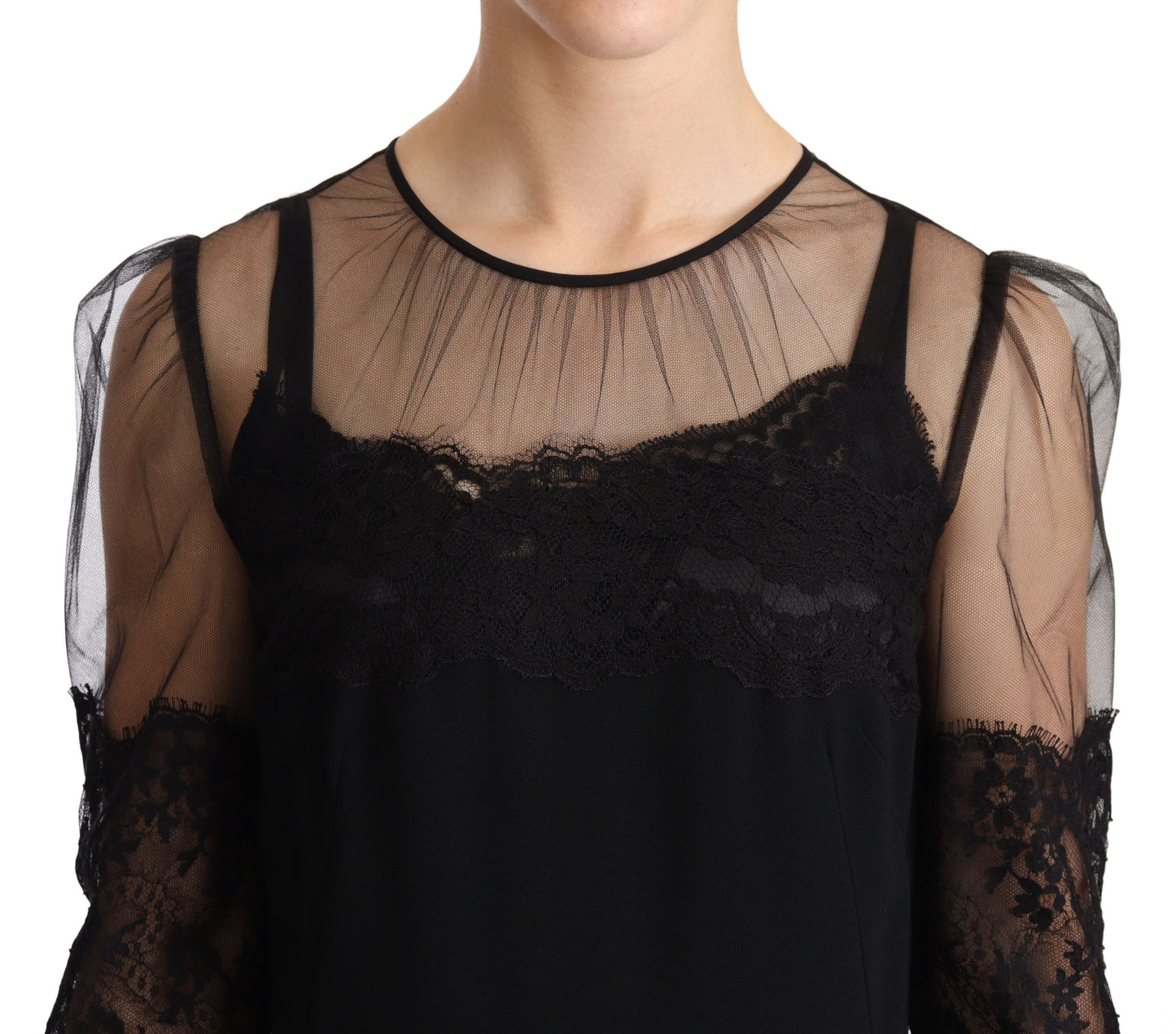 Dolce &amp; Gabbana Robe longue noire en dentelle florale transparente et cristaux