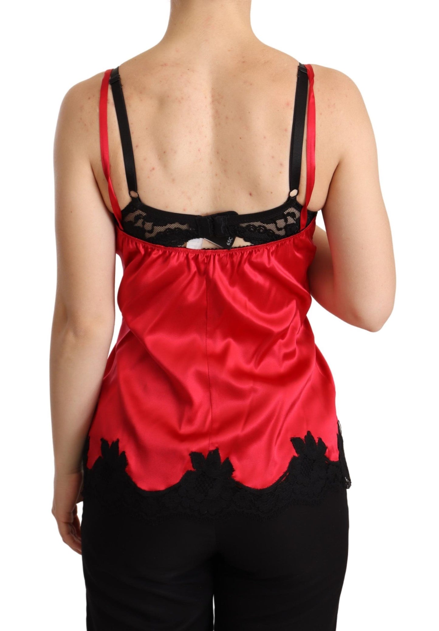 Dolce &amp; Gabbana Rotes Camisole-Oberteil aus Seidensatin mit Blumenspitzenbesatz