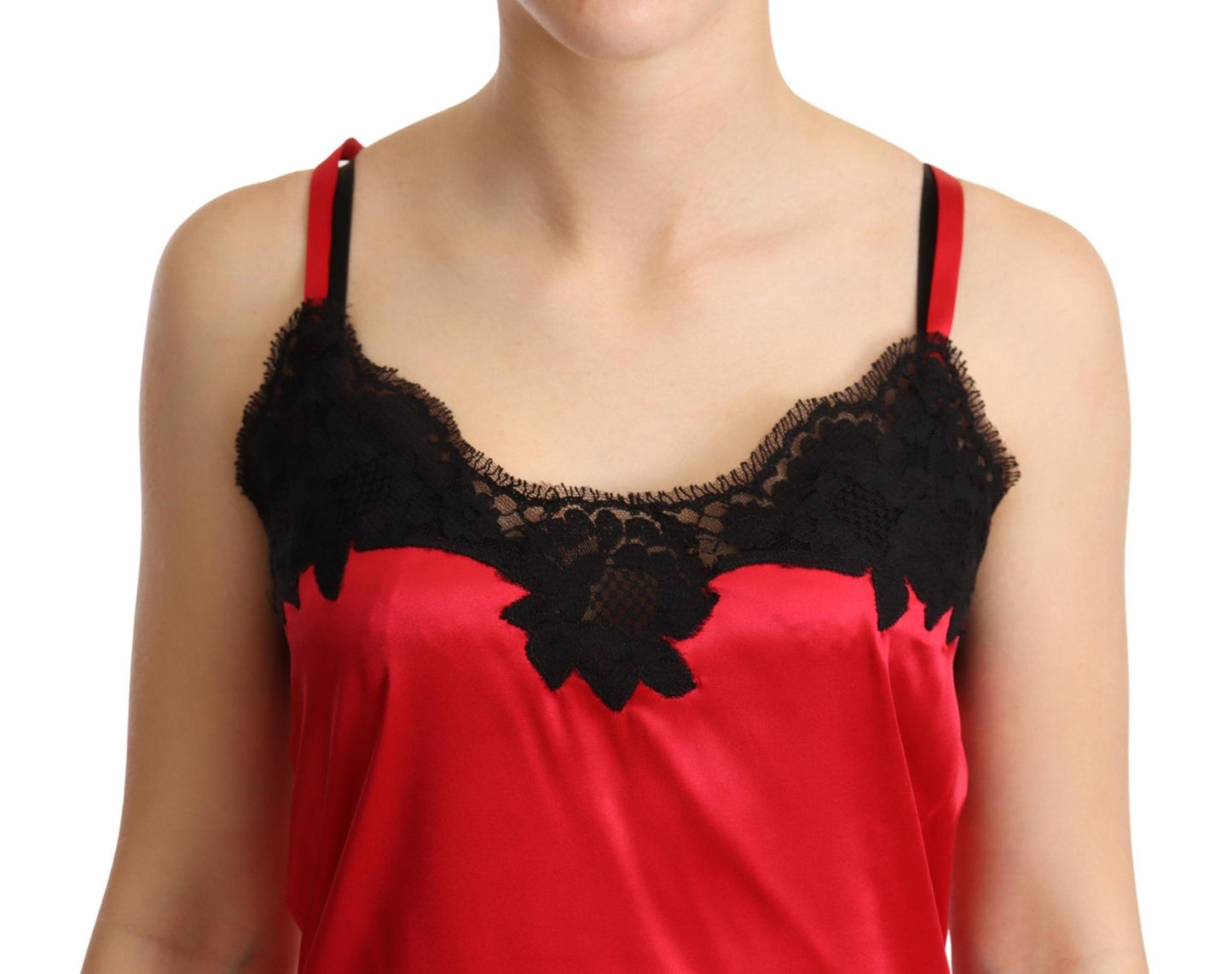 Dolce &amp; Gabbana Rotes Camisole-Oberteil aus Seidensatin mit Blumenspitzenbesatz