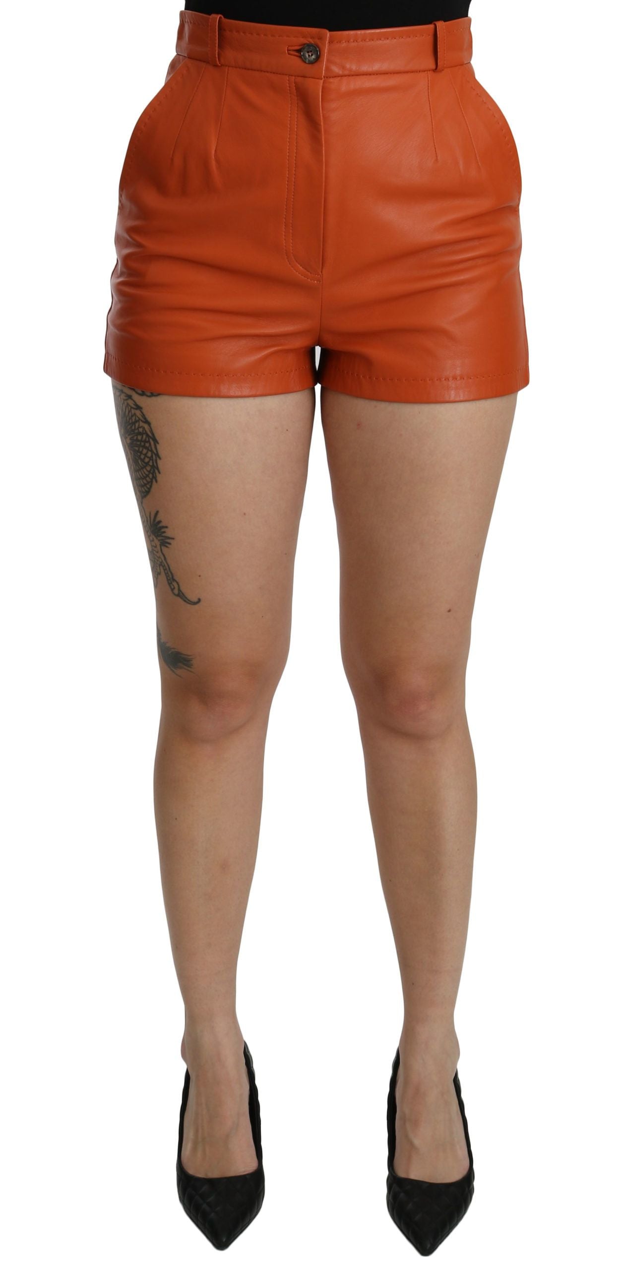 Dolce &amp; Gabbana Hotpants-Shorts aus orangefarbenem Leder mit hoher Taille