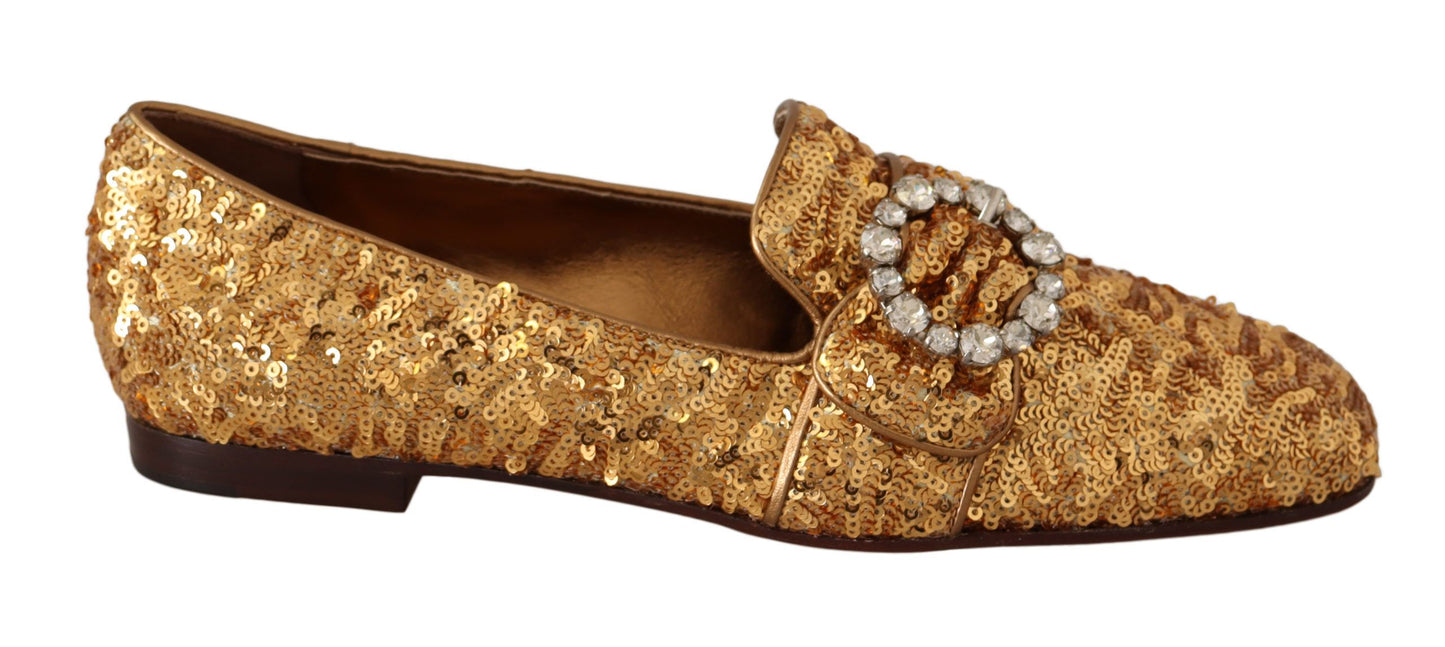 Dolce &amp; Gabbana Mocassins plats en cristal à paillettes dorées pour femmes