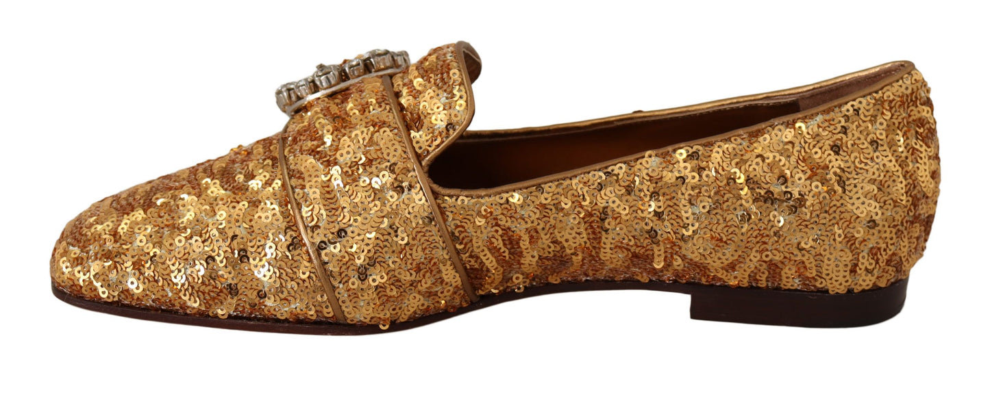 Dolce &amp; Gabbana Mocassins plats en cristal à paillettes dorées pour femmes