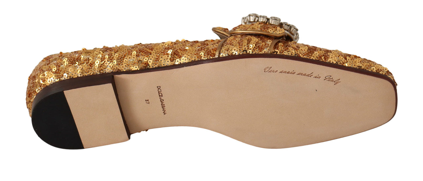 Dolce &amp; Gabbana Gold Pailletten Kristall flache Damen Loafer Schuhe