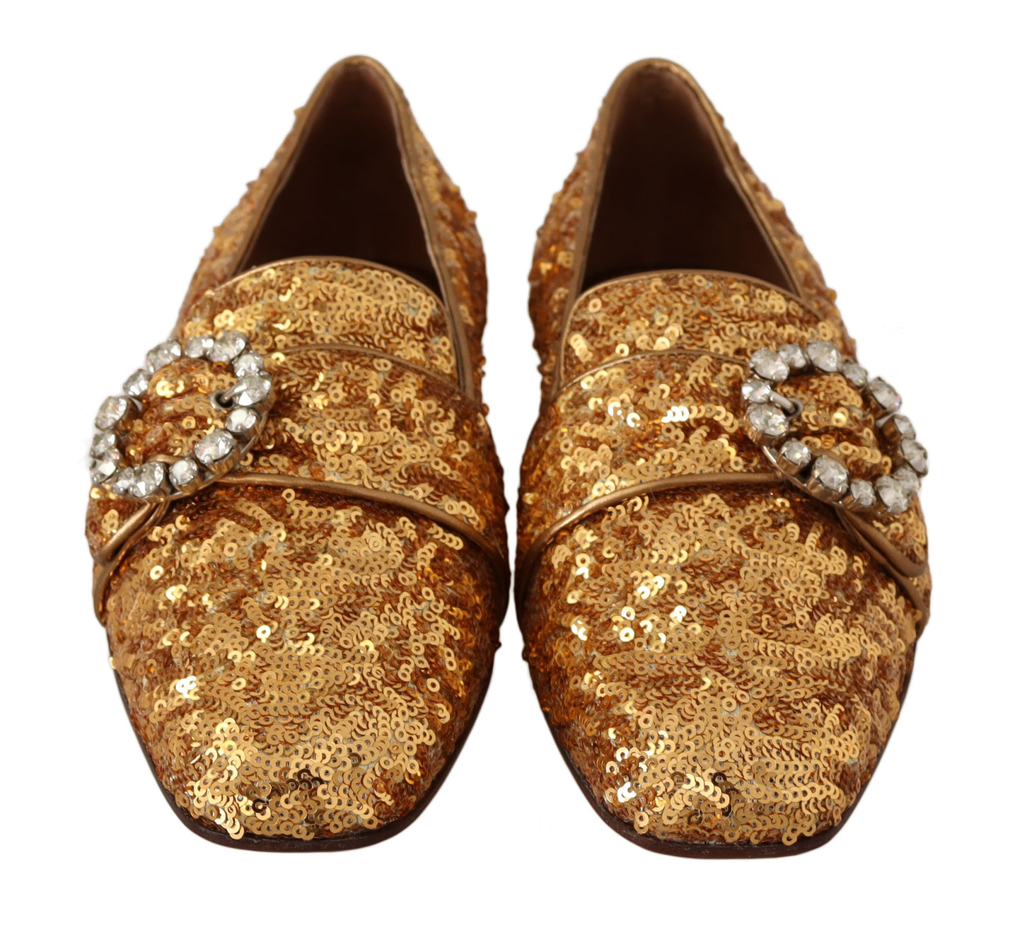 Dolce &amp; Gabbana Gold Pailletten Kristall flache Damen Loafer Schuhe