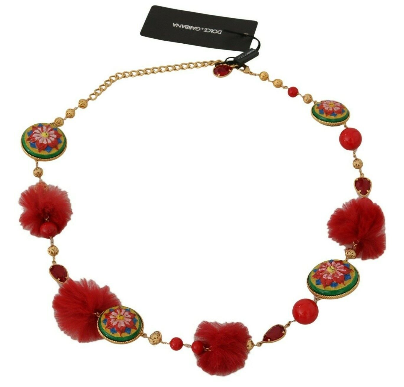 Dolce &amp; Gabbana Ceinture dorée en fourrure rouge et cristal