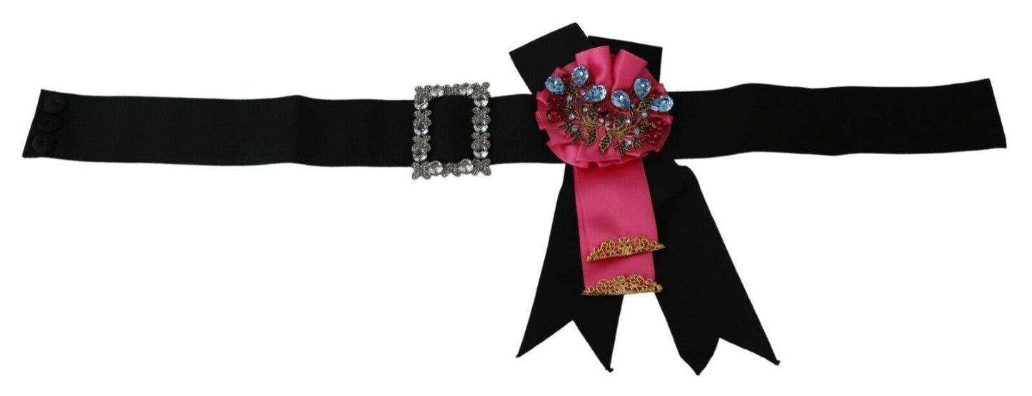 Dolce &amp; Gabbana Ceinture en coton avec broche fleur rose noire et cristaux